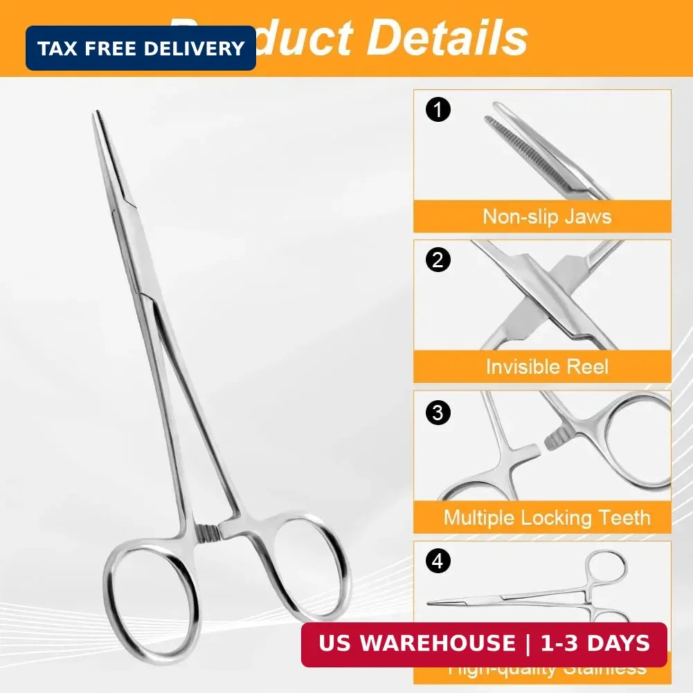 Ainiv 2 Piece Hemostat Curved and Straight Stainless Steel Self-Locking Fishing