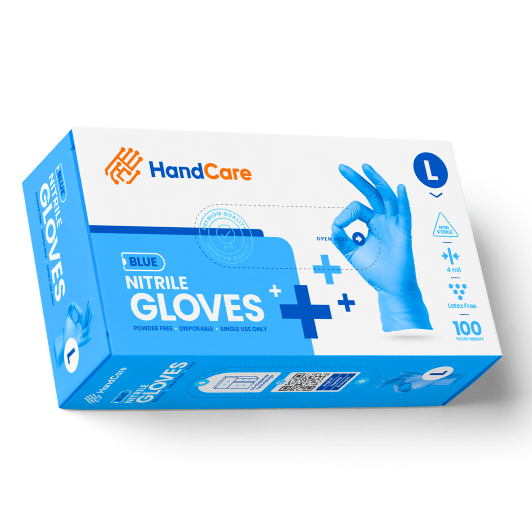 HandCare Blue Nitrile Gloves – Exam Grade, Powder Free (4 Mil), 100 Gloves 1 Box