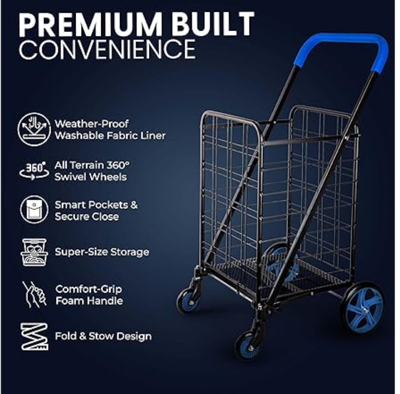 SereneLife Large Folding Utility Cart w/ Removable Liner – Blue – Heavy Duty, Ne