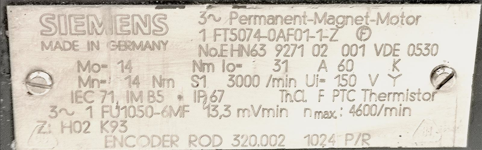 Siemens 1 FT5074-0AF01-1Z Servo Motor