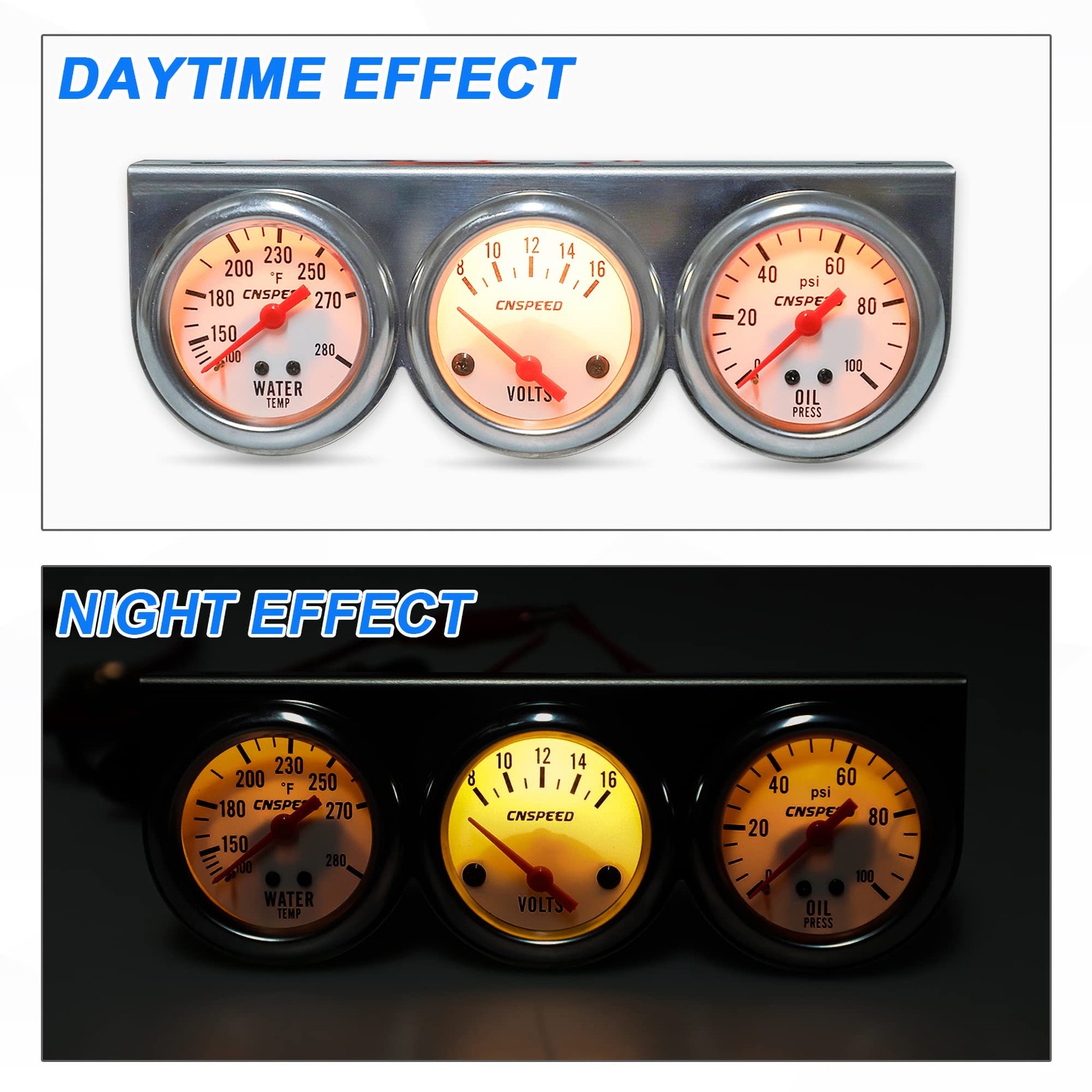 CNSPEED 2″ 52mm Triple Gauge Kit Volt, Water Temp, Oil Pressure Auto Gauge Set