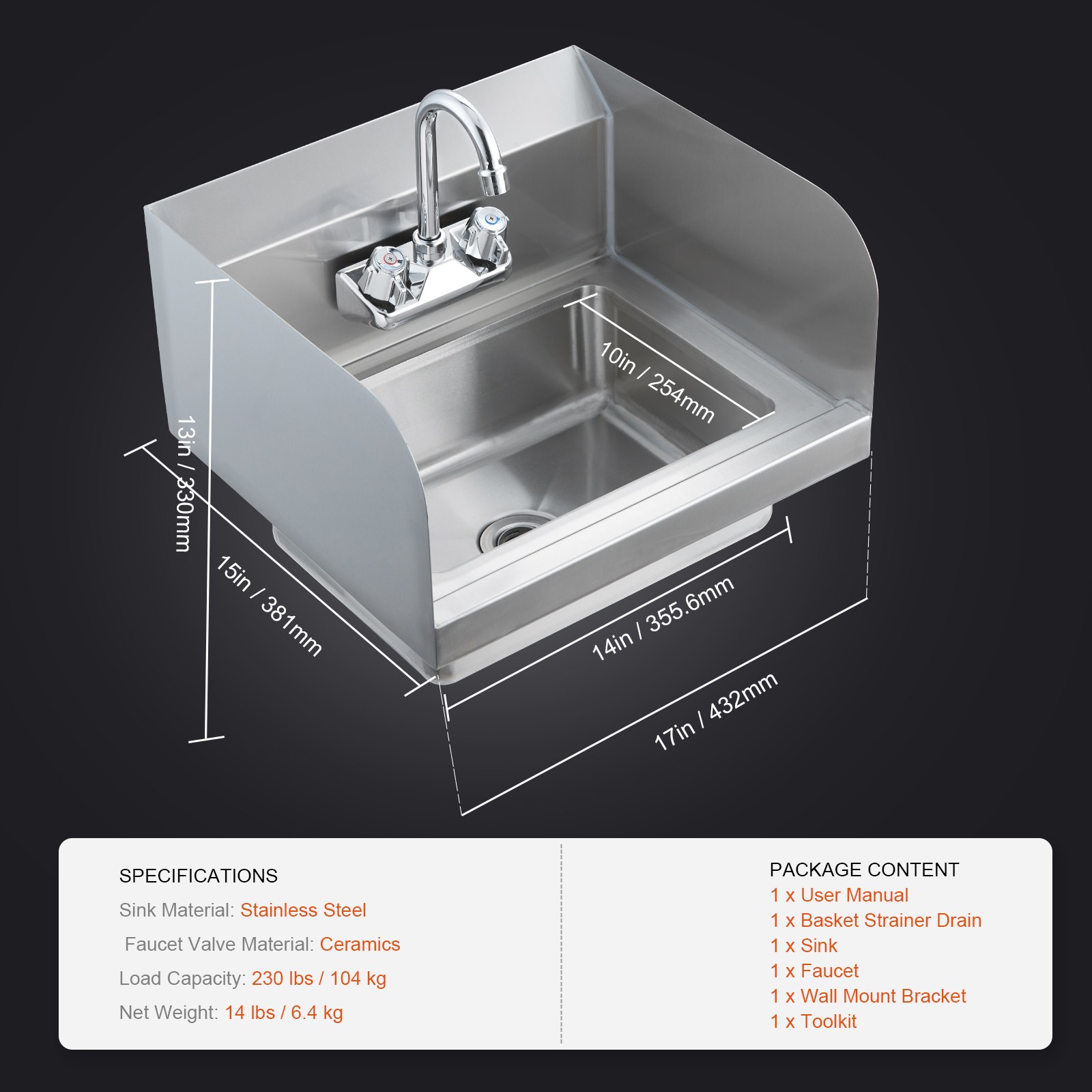 VEVOR Wall Mount Hand Wash Sink 17″x 15″ Stainless Steel w/ Faucet & Splash NSF