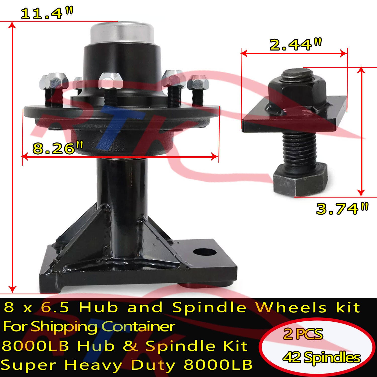 Pair 8 x 6.5 Lug 8000LB Superior Shipping Container Wheels, Bolt-on Spindle Kit