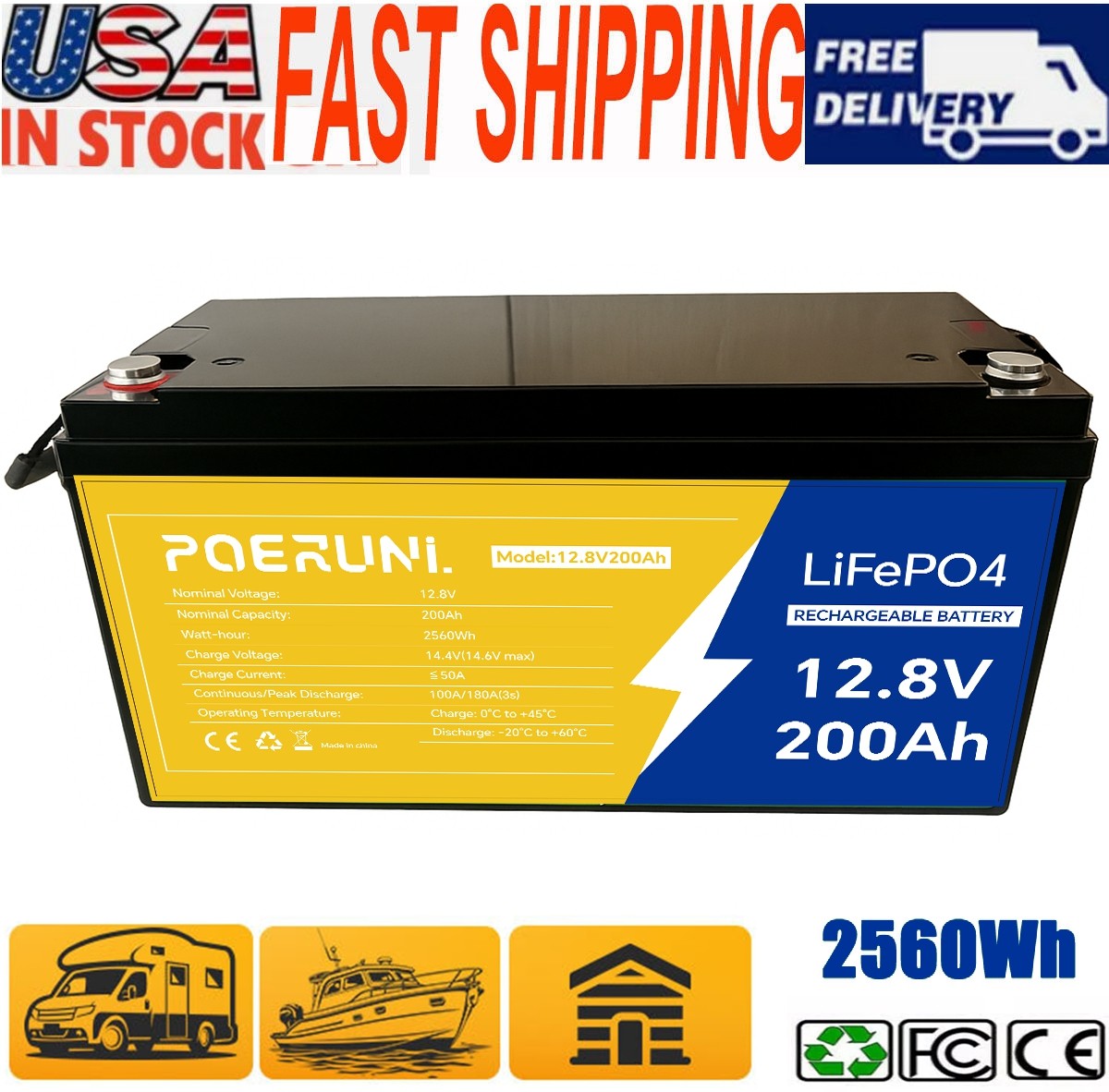 POERUNI 12V 200Ah LiFePO4 Deep Cycle Lithium Battery for RV Off-grid Solar NEW