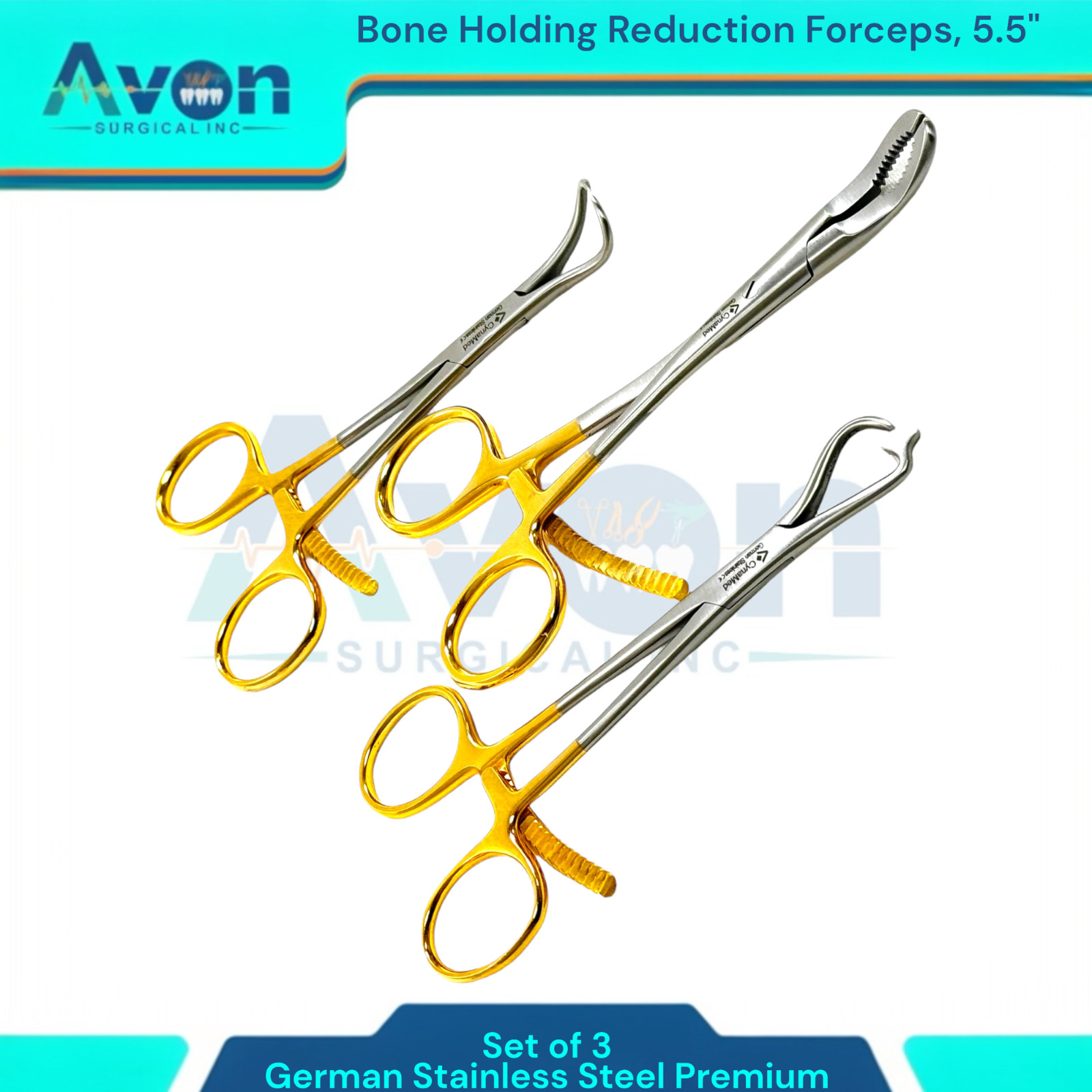 Premium Bone Holding Reduction Forceps 5.5″ w/ Ratcheting Gold Handle, 3PK