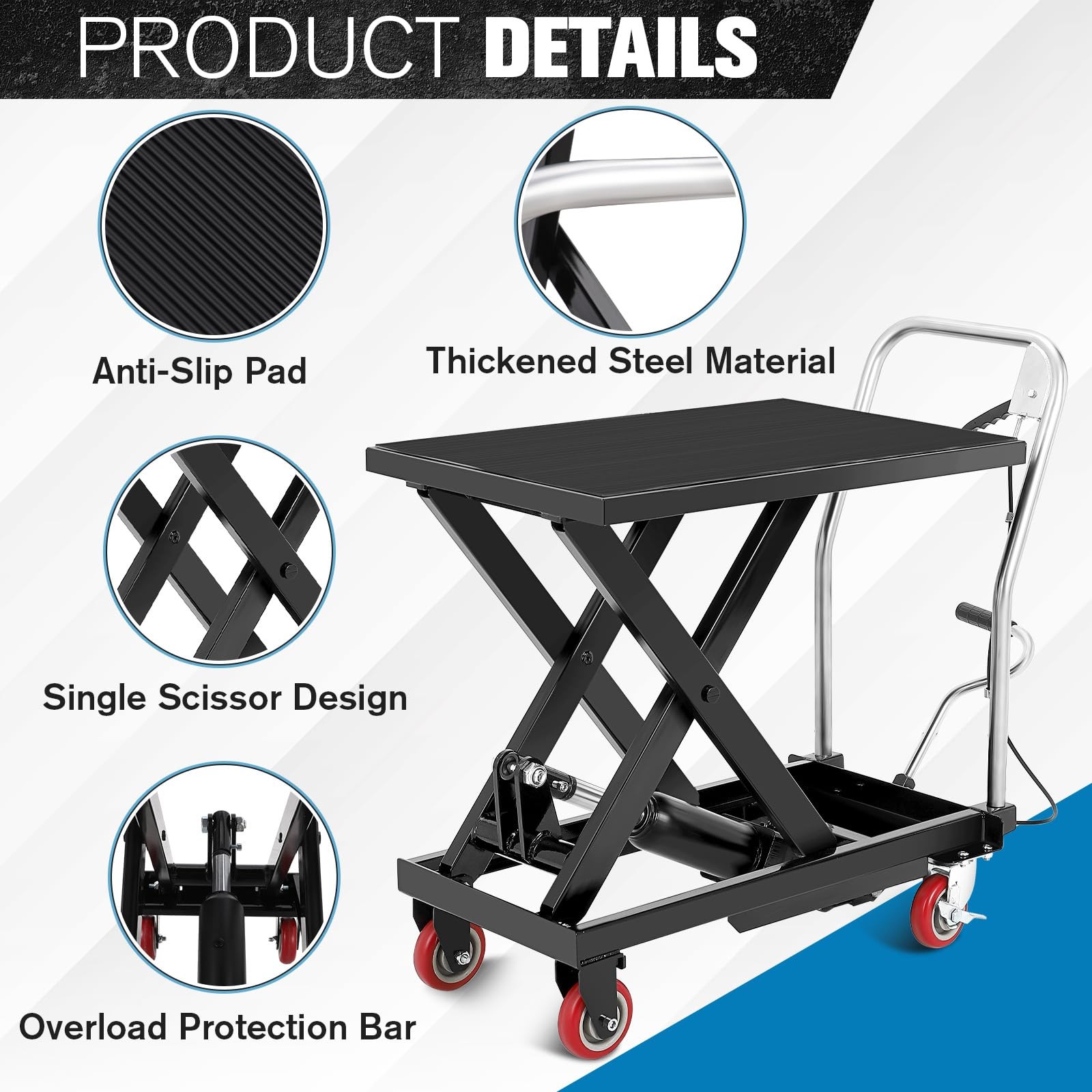 Manual Scissor Lift Foldable Hydraulic Lift Table Cart 500LBS 28.5in Non-Slip