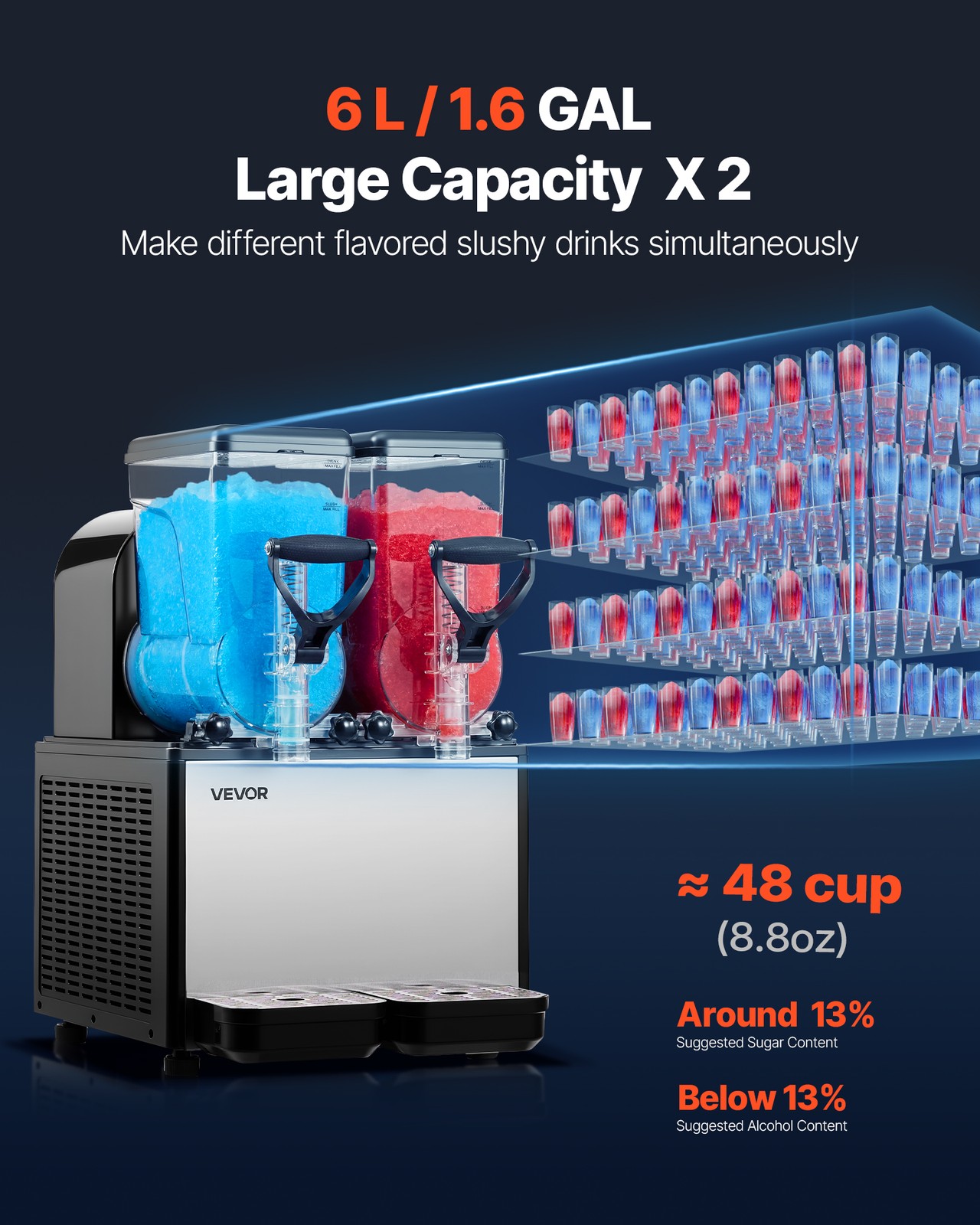VEVOR Slushie Machine No Ice Needed Frozen Drink Maker Dual 6L/1.6 GAL Tanks