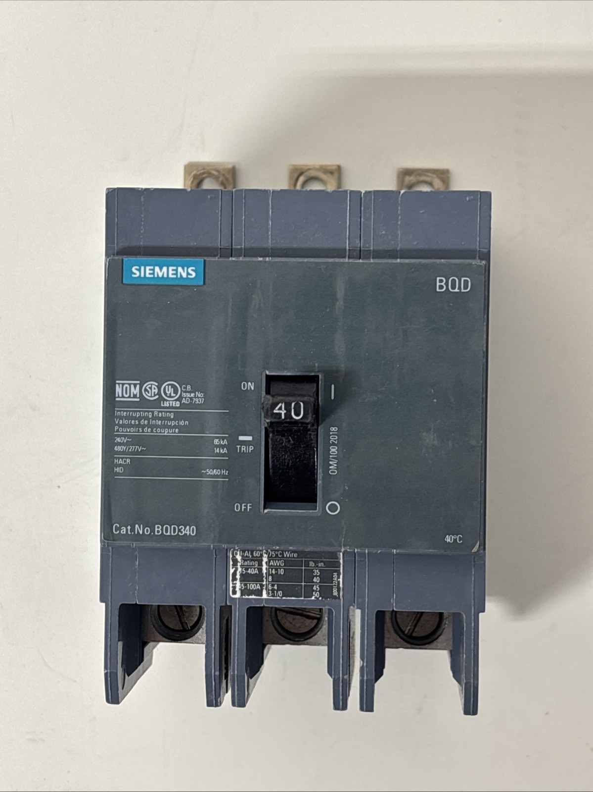 Siemens BQD340 3-Pole 40 Amp, 480V Circuit Breaker 40A BQD
