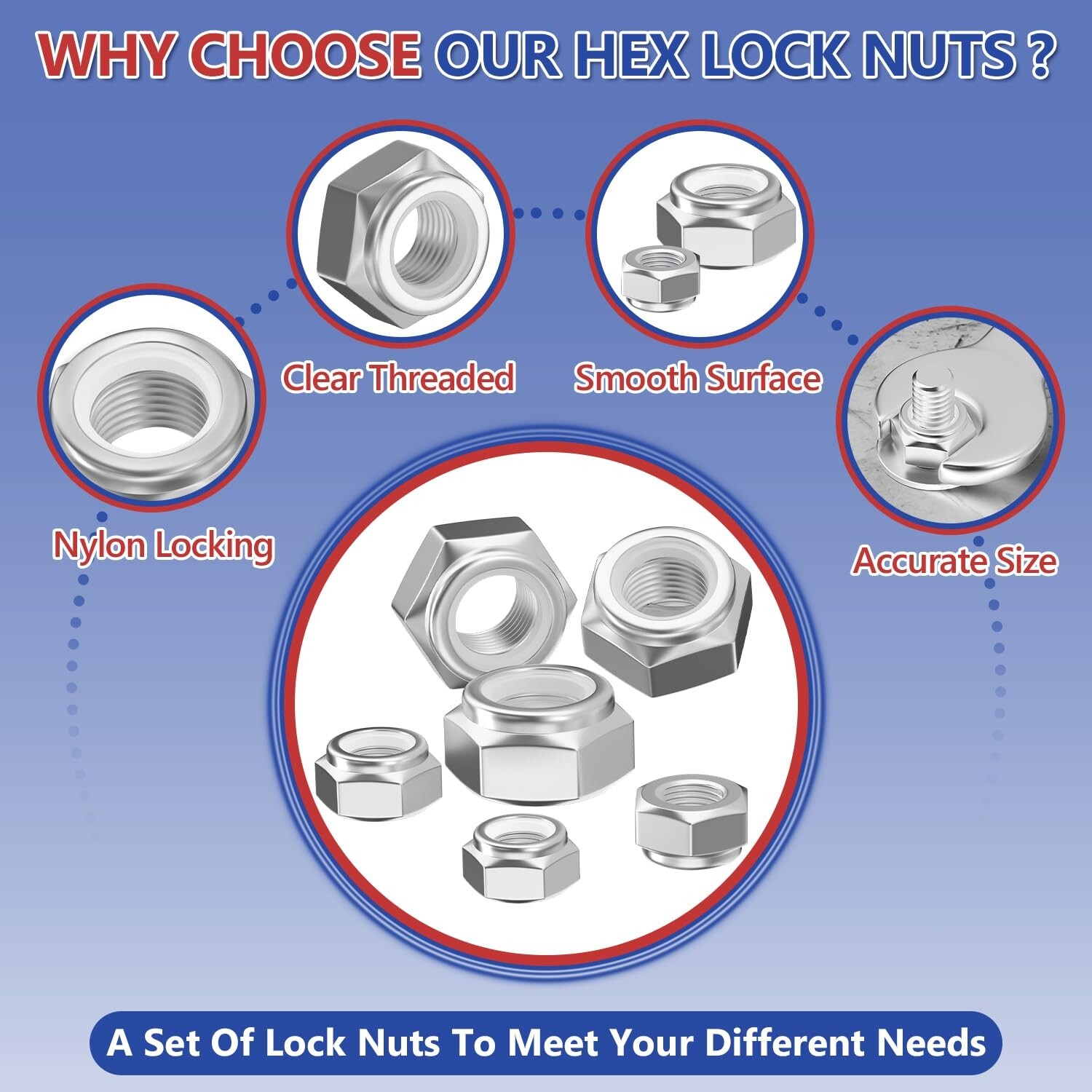 150PCS Hex Lock Nuts Assortment Kit 304 Stainless Steel SAE Nylon Insert 7 Sizes