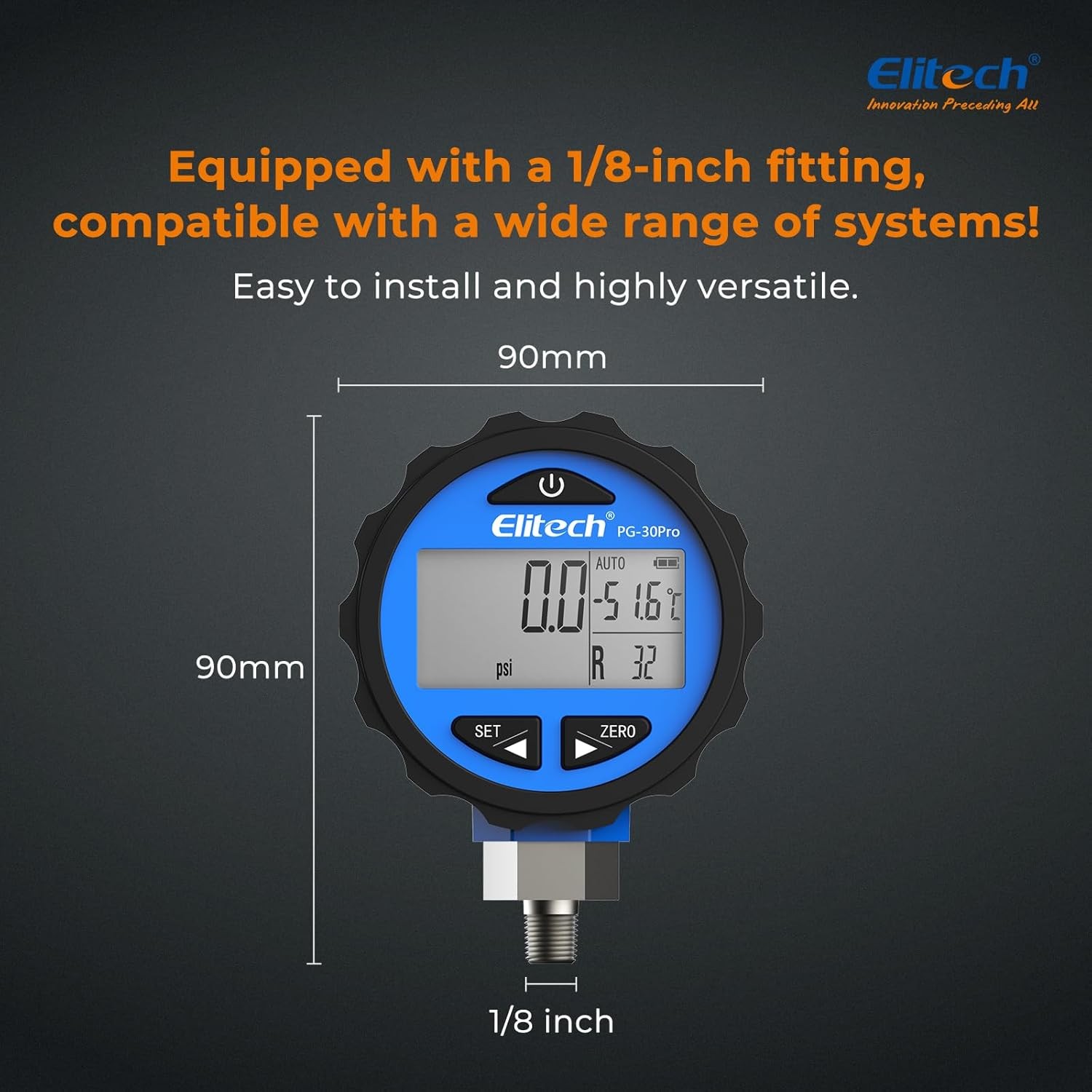 Elitech PG-30Pro Blue Refrigeration HVAC Digital Pressure Gauge 87+ Refrigerants