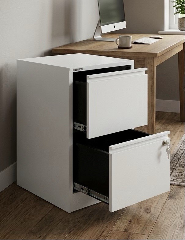 Bisley 2 Drawer Locking Metal Vertical File Cabinet – Powder Coated White – NEW