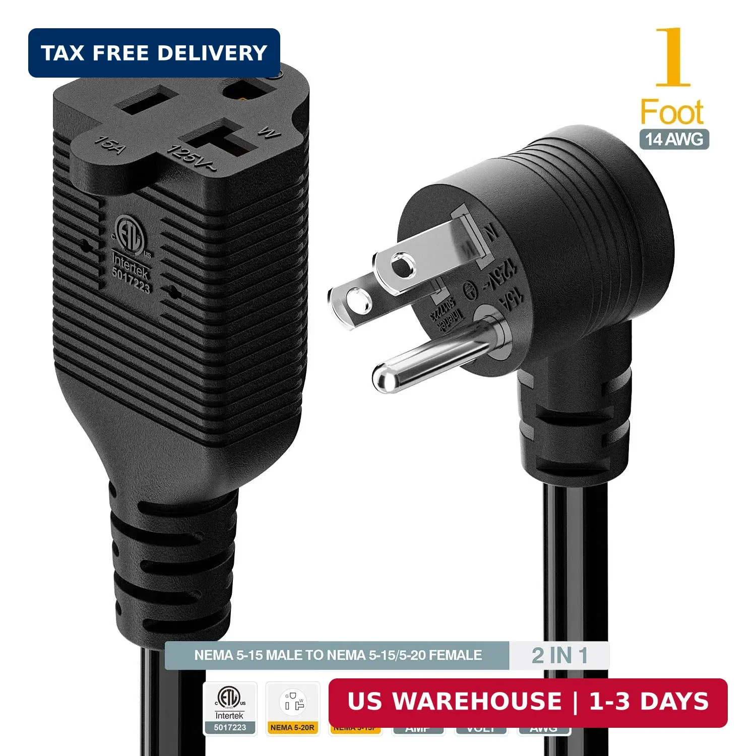 1-Foot Right Angle15 Amp Household AC Plug to 20 Amp T Blade Adapter Cable，14AWG