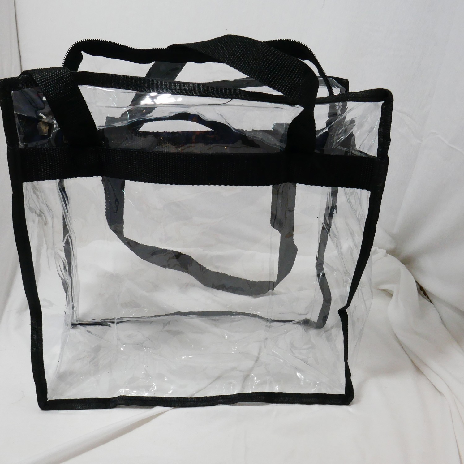 clear PVC stadium-approved tote bag with black handles, events venues security