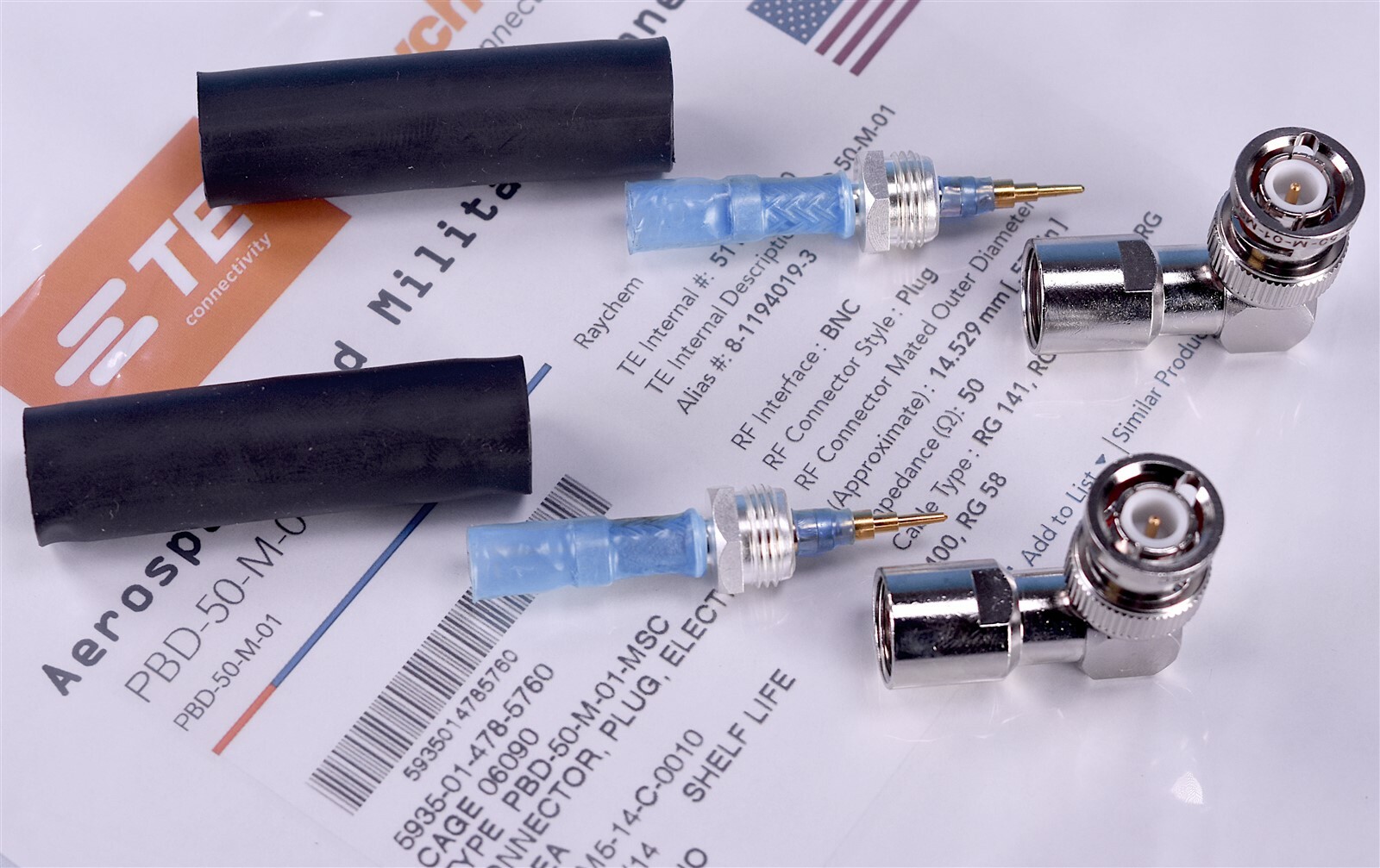 2 TE Mil-Spec Right Angle BNC Connectors RG 142 RG58 RG400 50Ω 5935-01-478-5760
