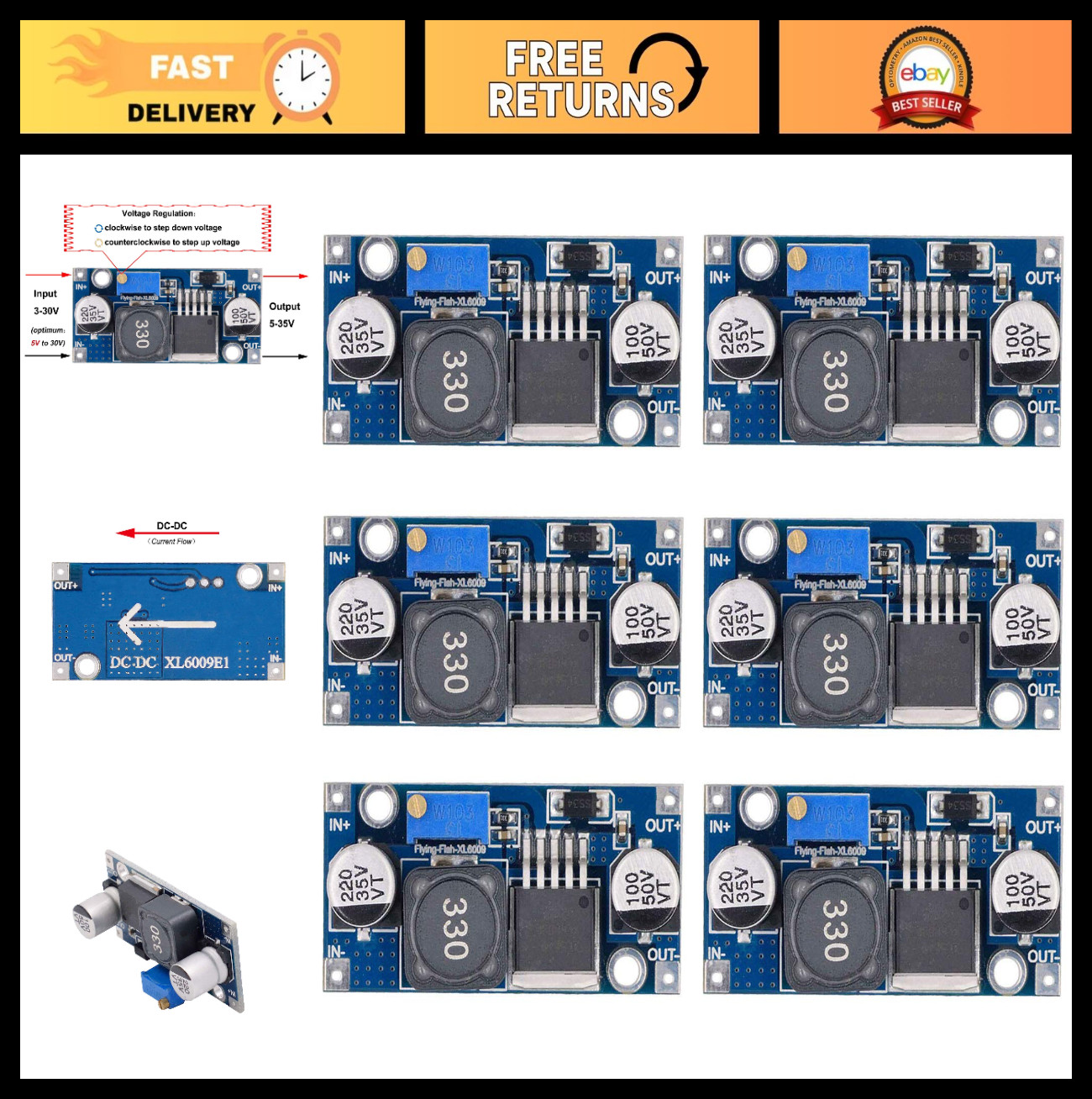 XL6009 DC-DC Boost Converter 3-30V to 5-35V Step-Up Power Module – Pack of 6