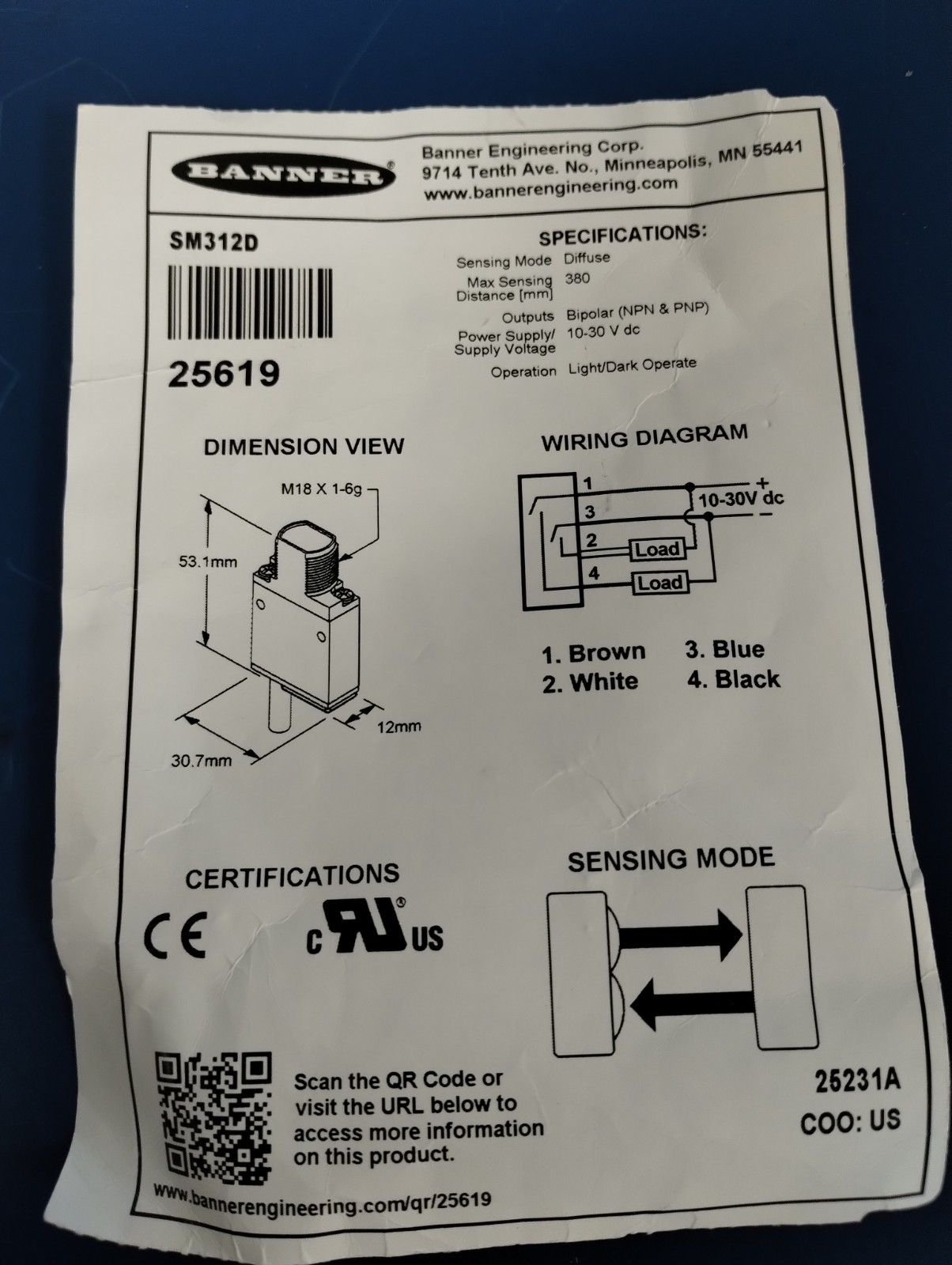 BANNER ENGINEERING SM312D Photoelectric Sensor, Diffuse, 380mm, 10-30VDC