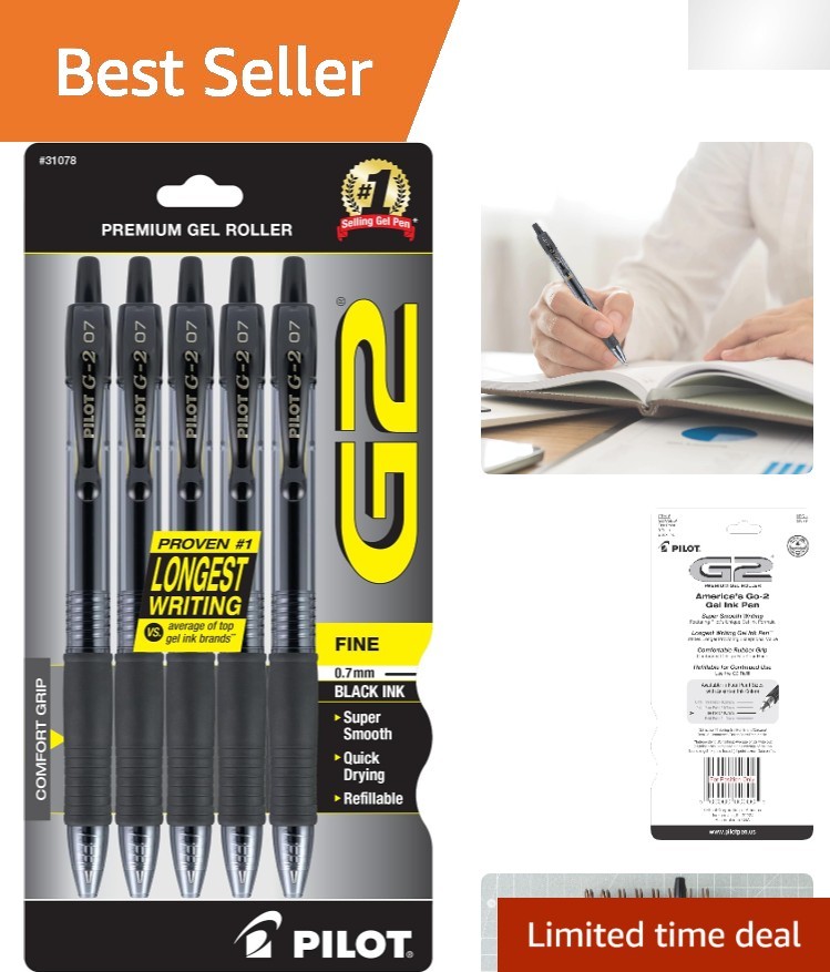 Black Ink G2 Gel Pens, 5-Pack, Fine Point 0.7mm for Everyday Use