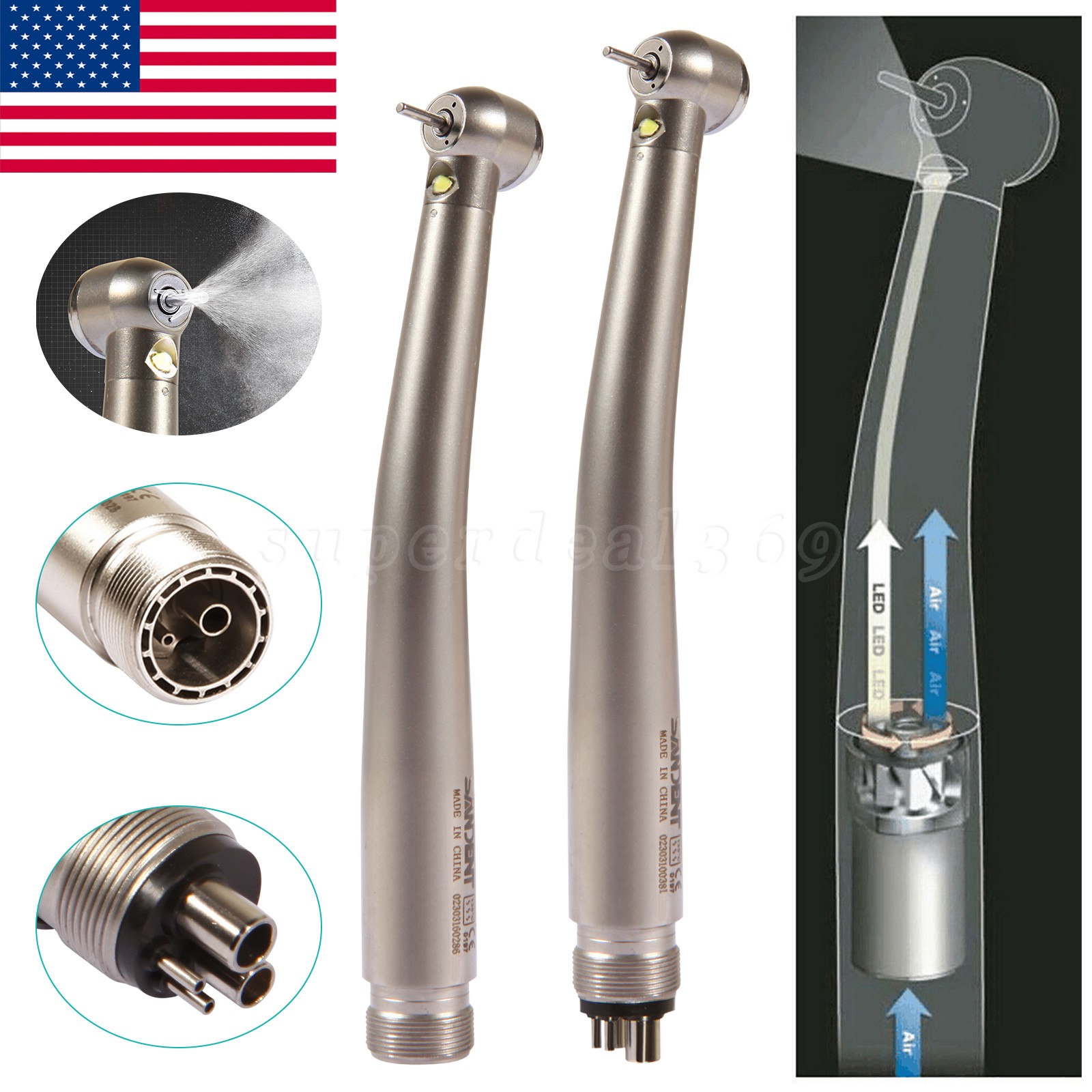 Dental High Speed Handpiece LED Type Turbine 2/4 Holes E-generator Triple Spray