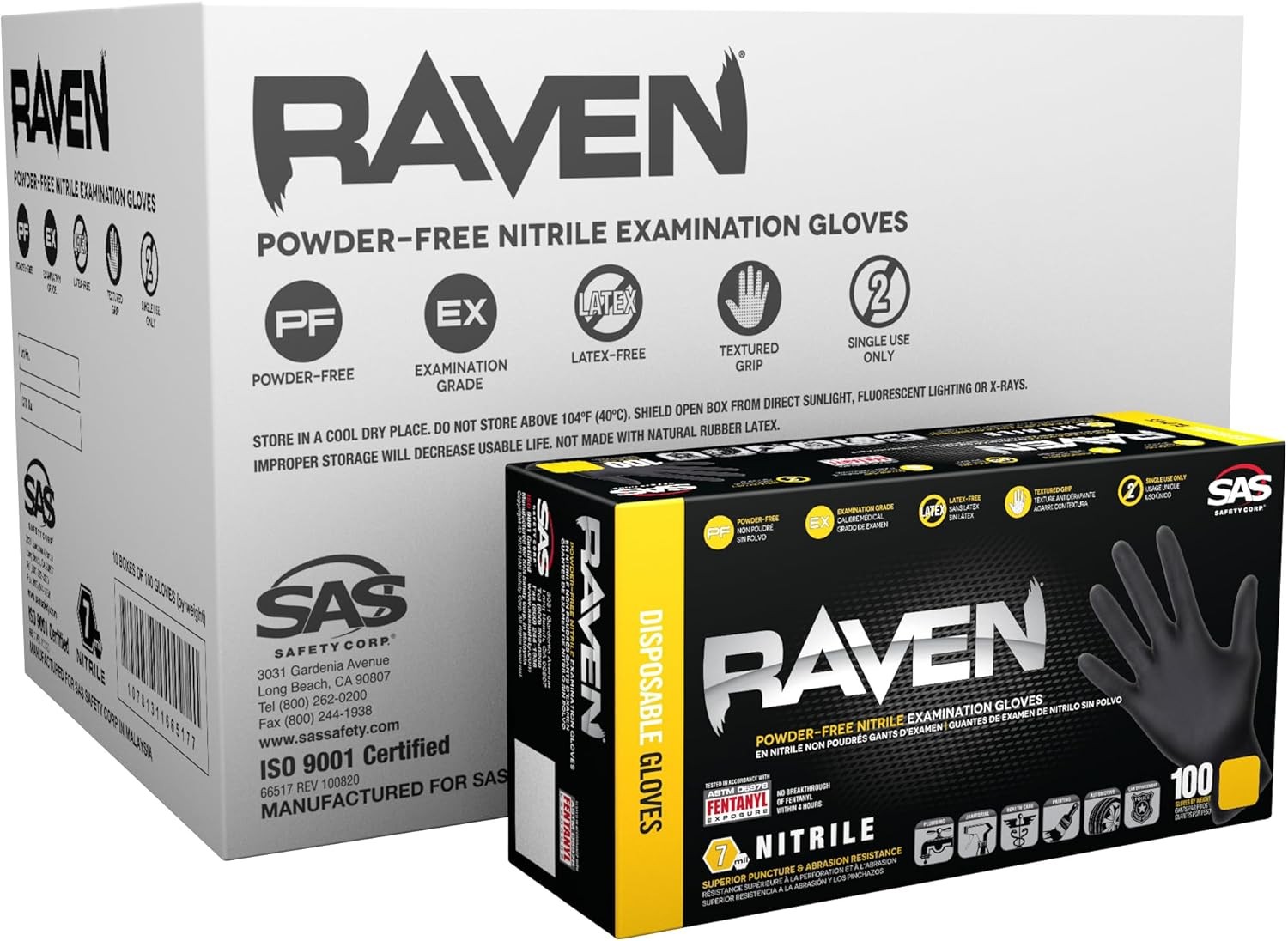 Raven Powder Free Nitrile Disposable Gloves – 10 Boxes / Large (Pack of 100)