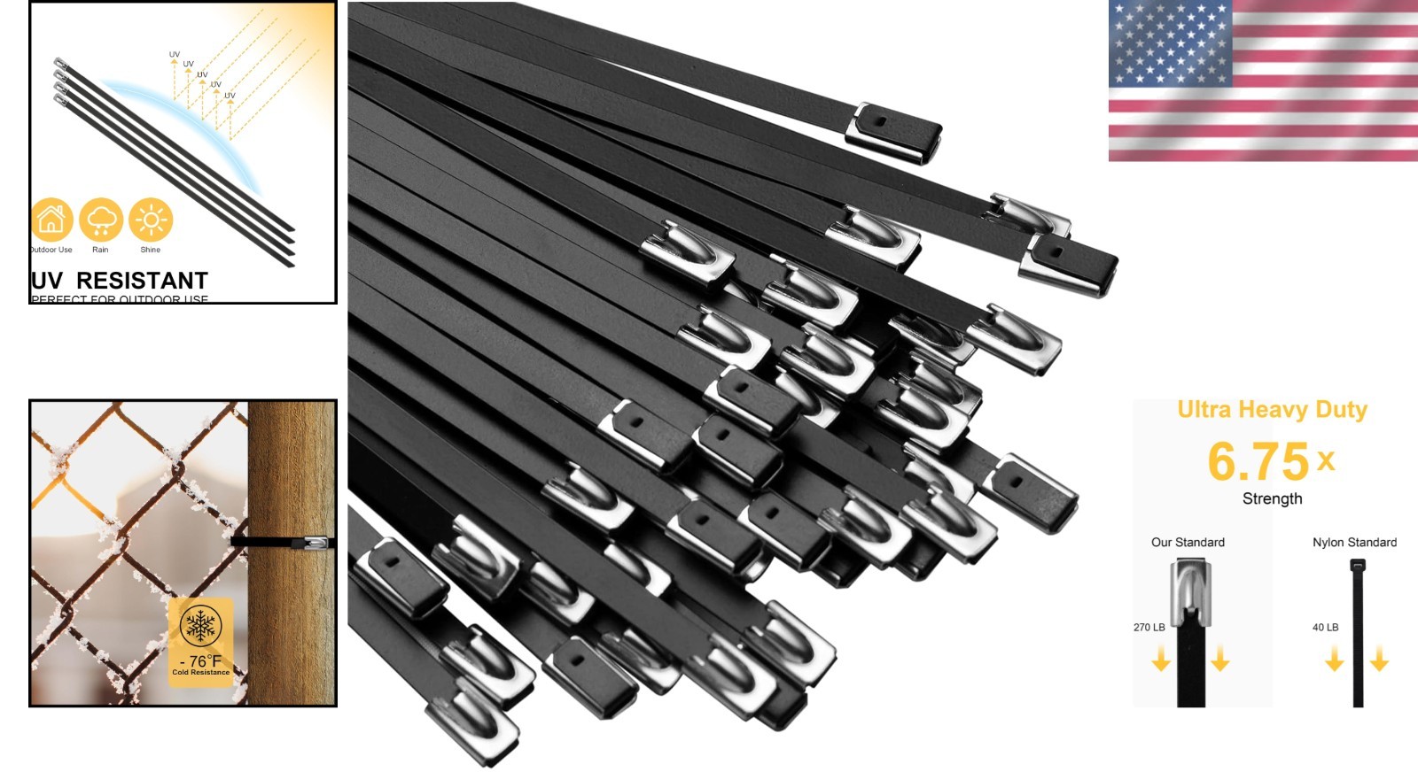 304 Stainless Steel Cable Ties – 11.8 in, 270 lbs Strength, 30 Pack