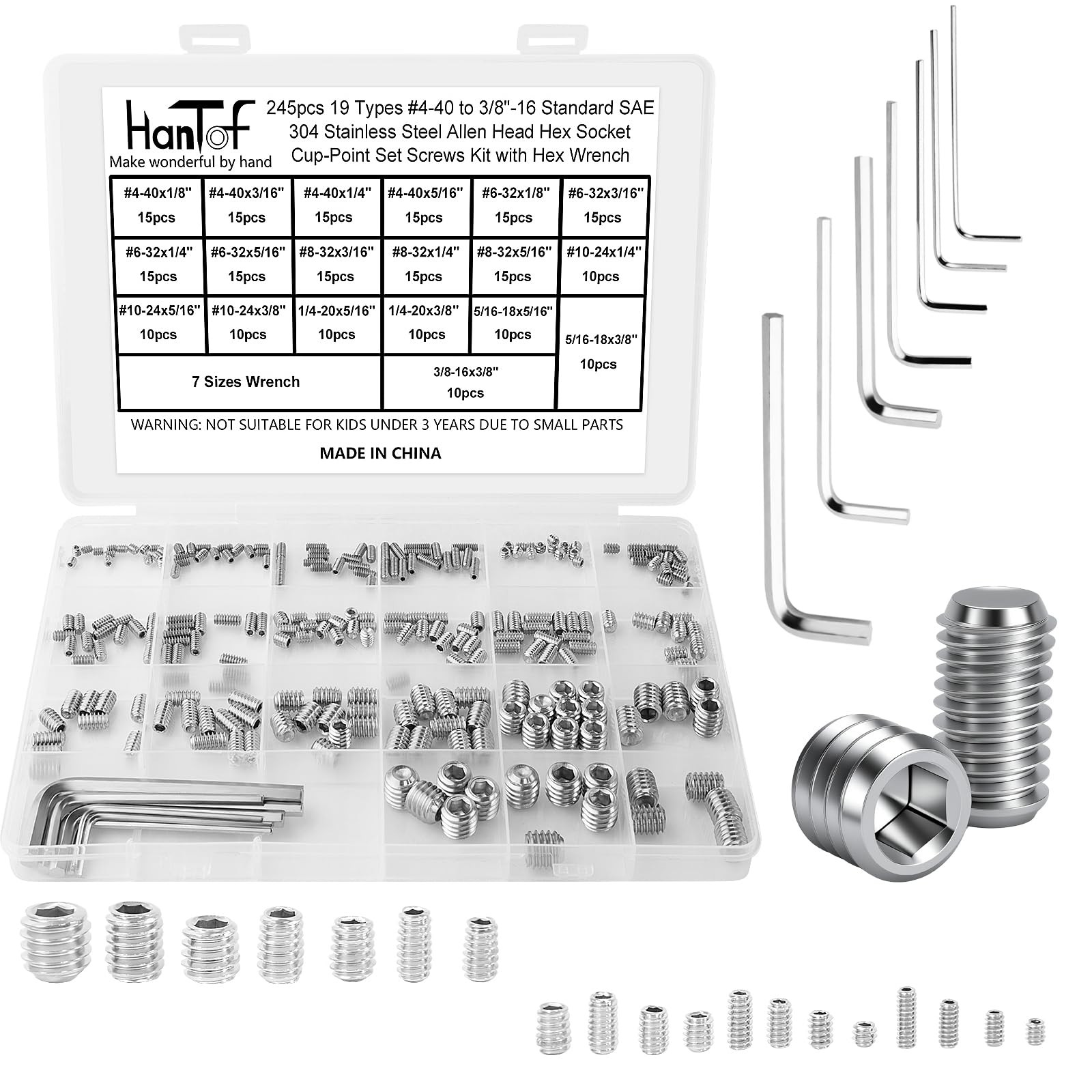 245 Pcs 19 Sizes Set Screw Assortment Kit SAE Allen Head Grub Screws for Bathro