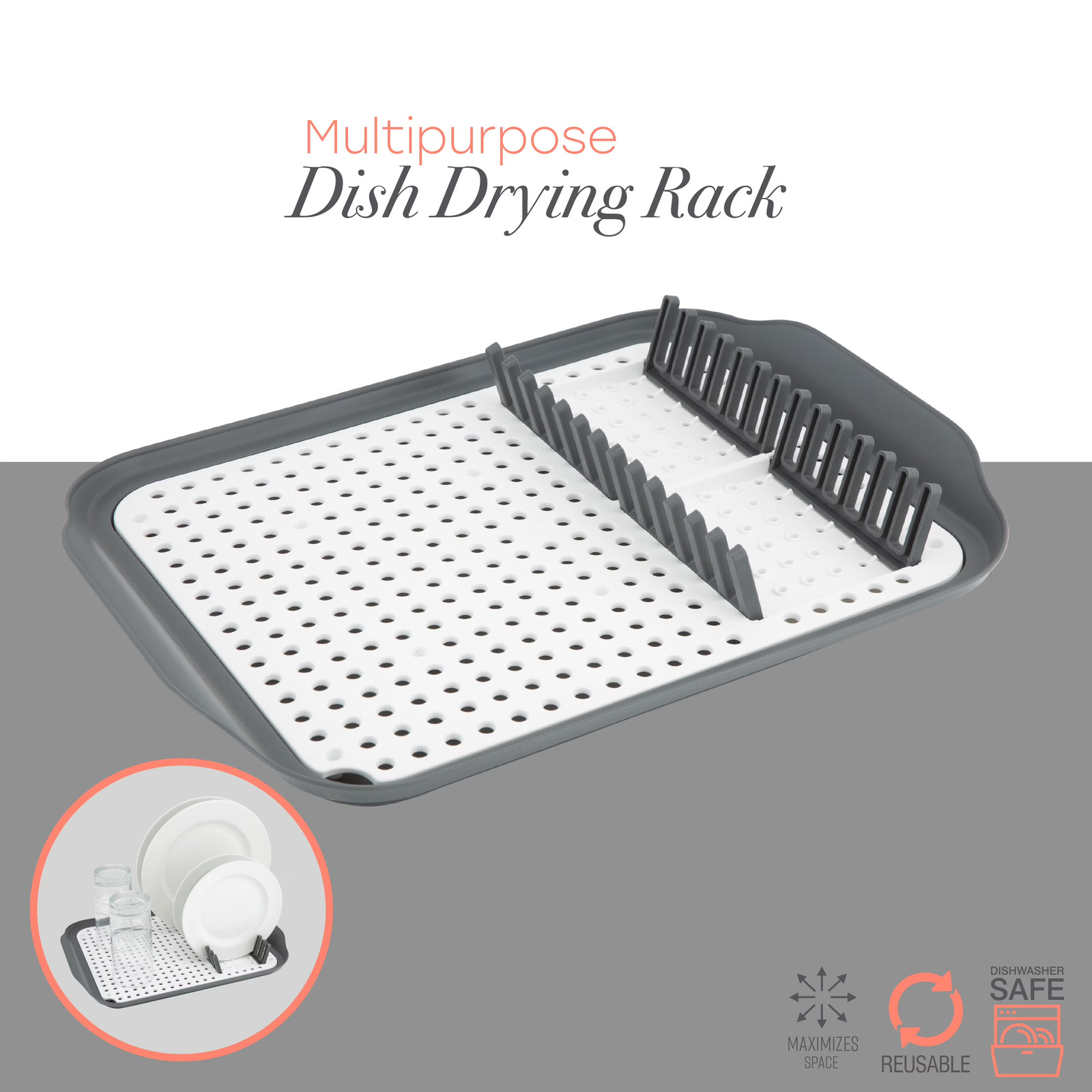 Gray Kitchen Details 2 Tone Dish Rack 16″ L Self Draining