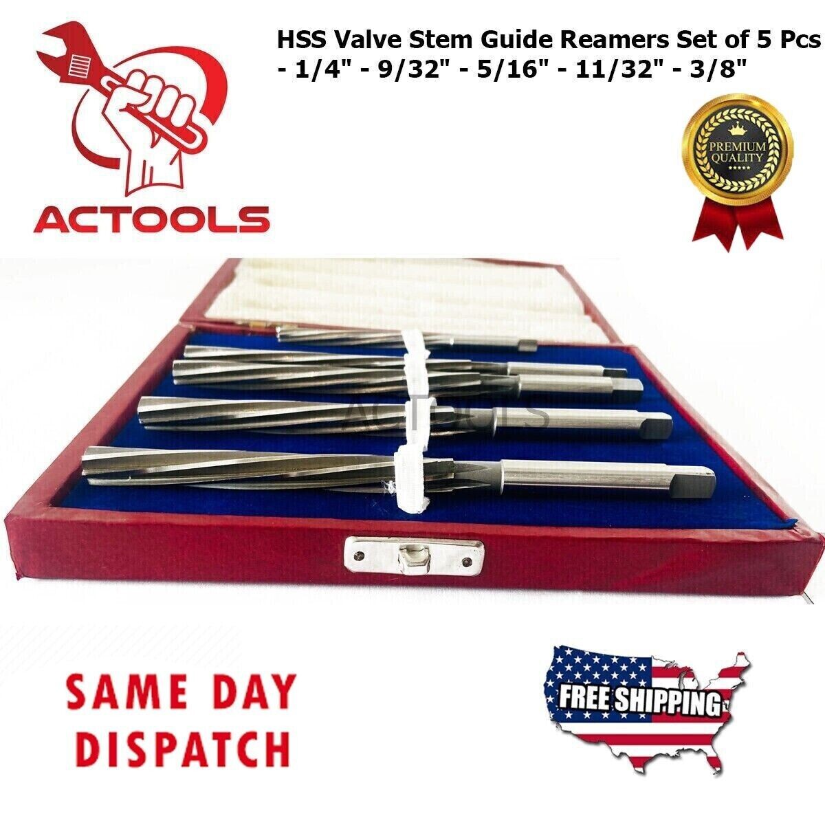 New HSS Valve Stem Guide Reamers Set of 5 Pcs 1/4″ 9/32″ 5/16″ 11/32″ 3/8″ USA