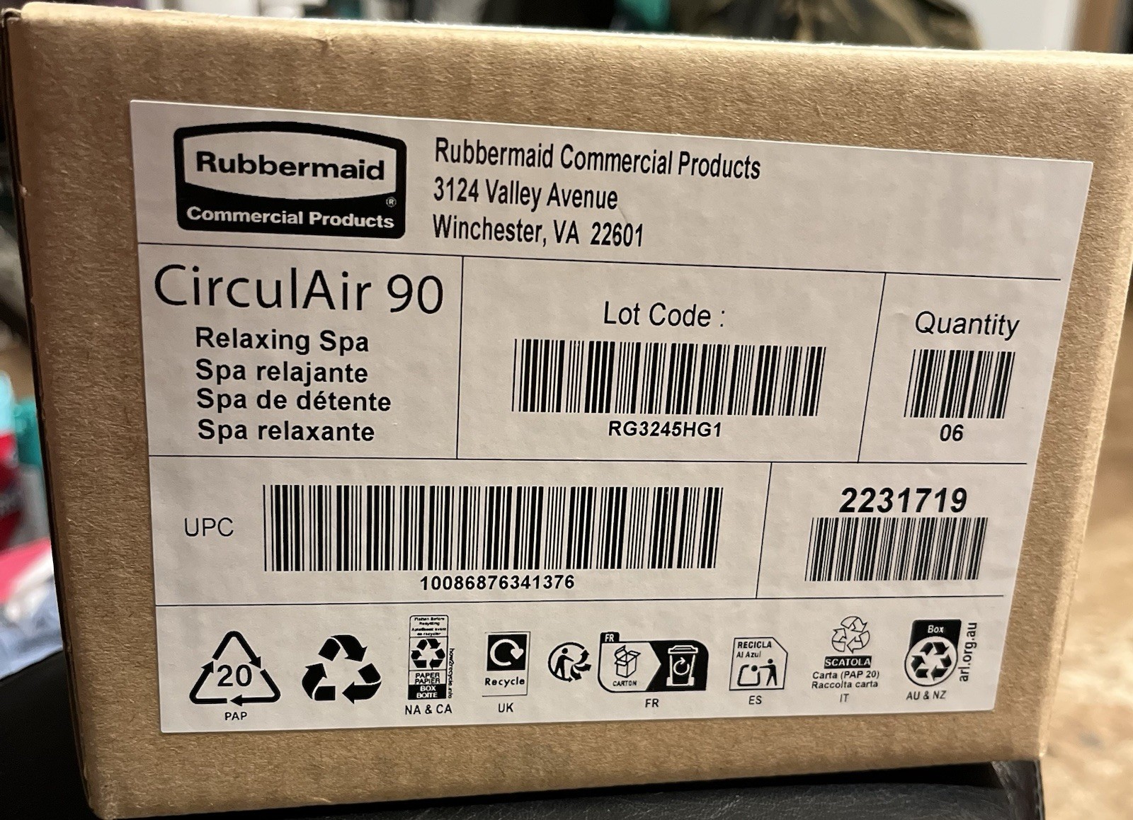Rubbermaid Air Freshener 2231719 CirculAir 90 Care Refill Relaxing Spa CASE / 6