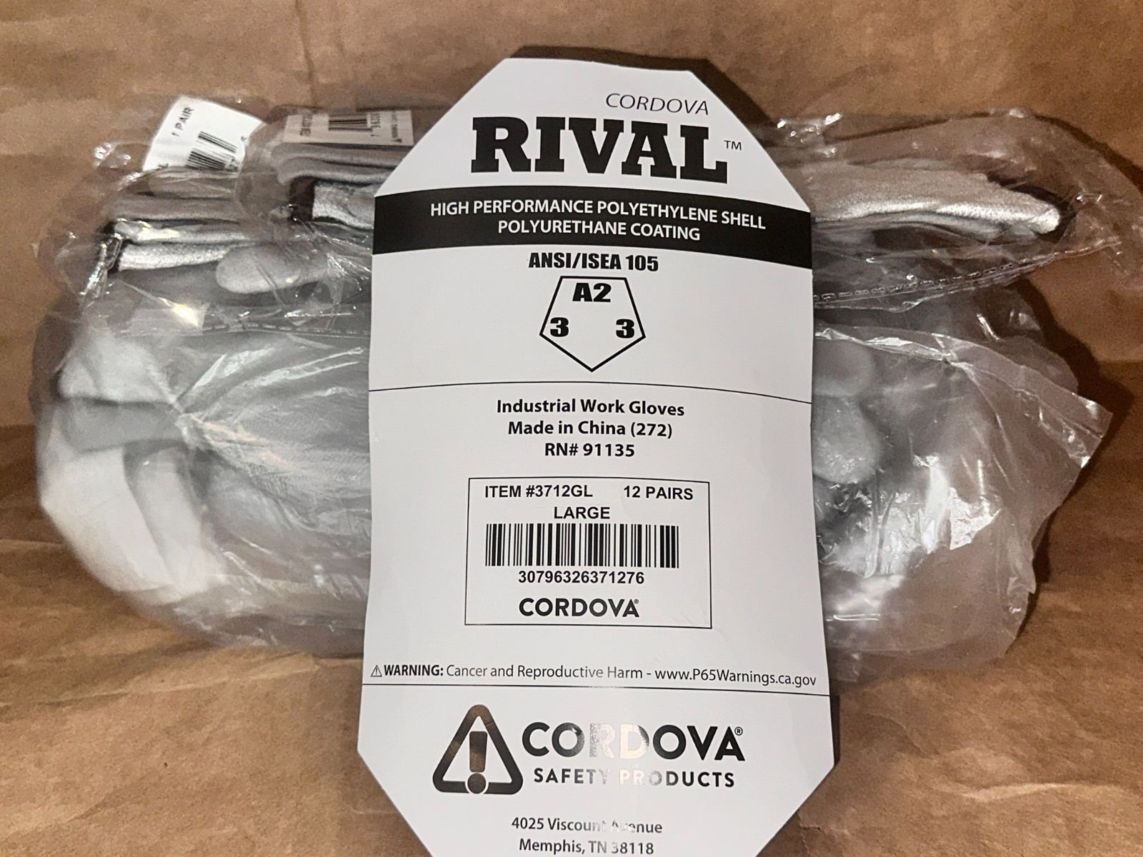 Cordova 3712GL Rival Light Gray 13-Gauge HPPE Shell Gloves 12pc A2 Industrial