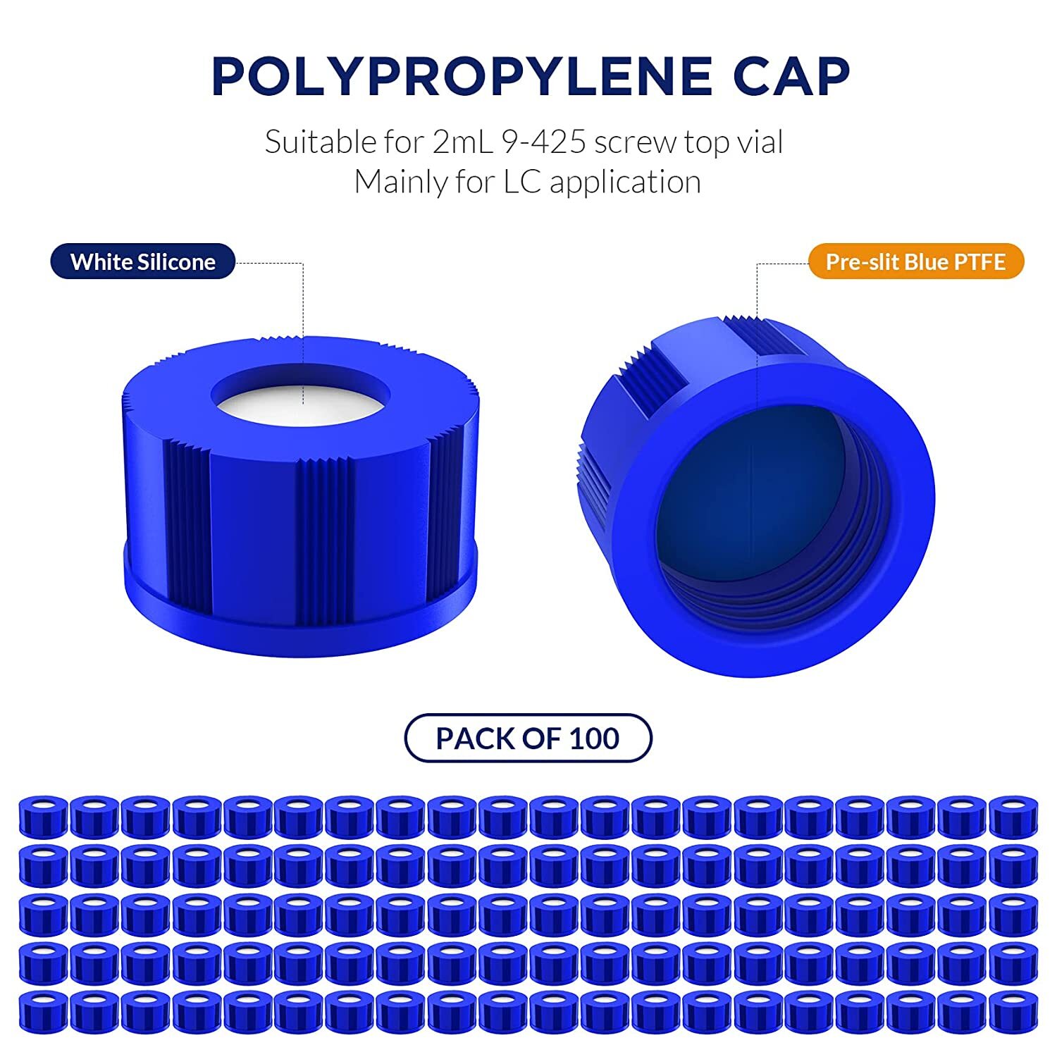 10000pcs Pre-Slit 9-425 Screw-Top Thread Caps 9mm Blue PTFE/White Silicone Septa