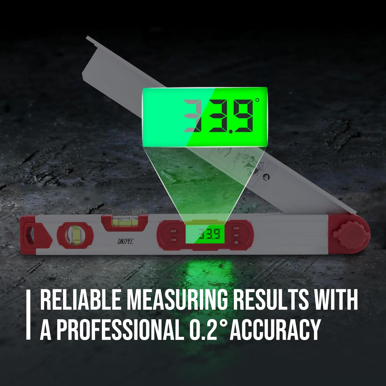 16-Inch Digital Angle Finder with MTR & COM, 0–220° Protractor with Backlit LCD,