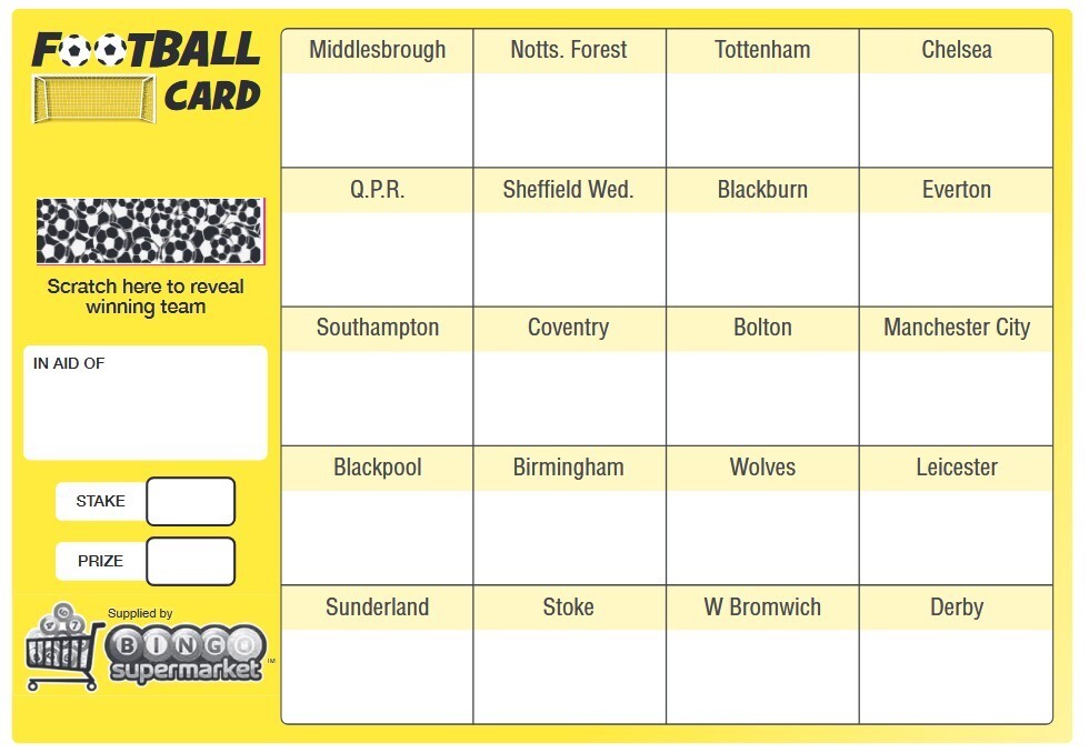 FOOTBALL SCRATCH CARDS 20 30 40 50 and 80 Team Fundraising A5 Card Charity Event