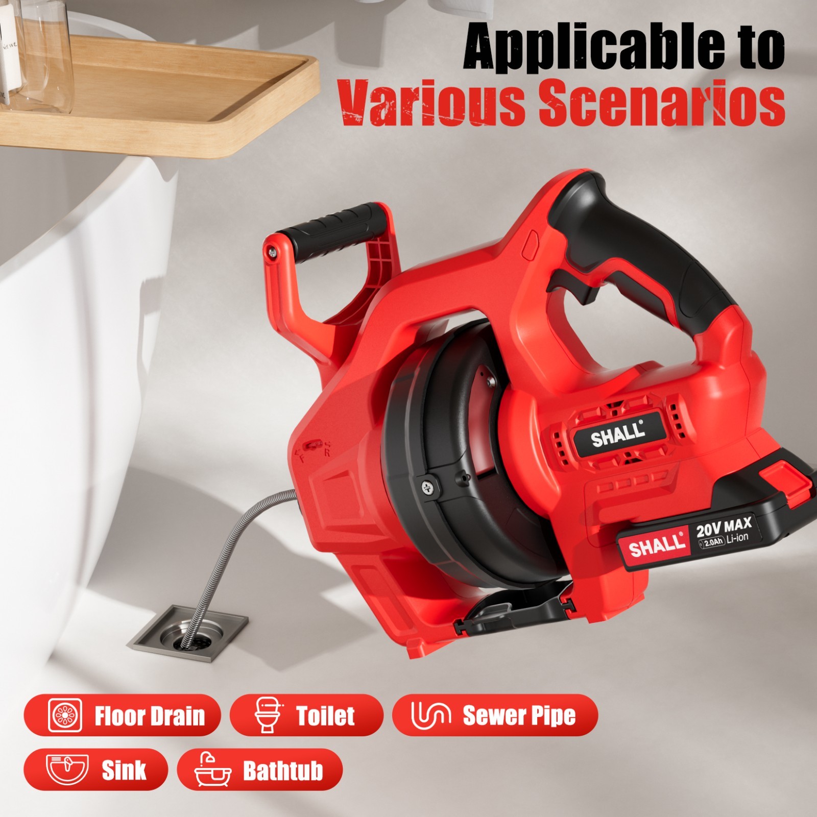 SHALL 20V Cordless Drain Auger, for 3/4’’-2’’ Sewer Pipe, Sink Toilet Bathroom
