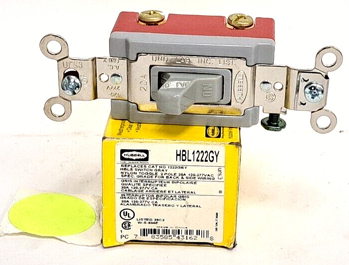HUBBELL TOGGLE SWITCH 20A 120/277V BACK AND SIDE WIRED HBL1222GY