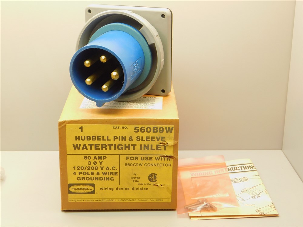 Hubbell HBL560B9W IEC Pin&Sleeve 60A 3Ph 120/208V 4-Pole 5-Wire Watertight Inlet