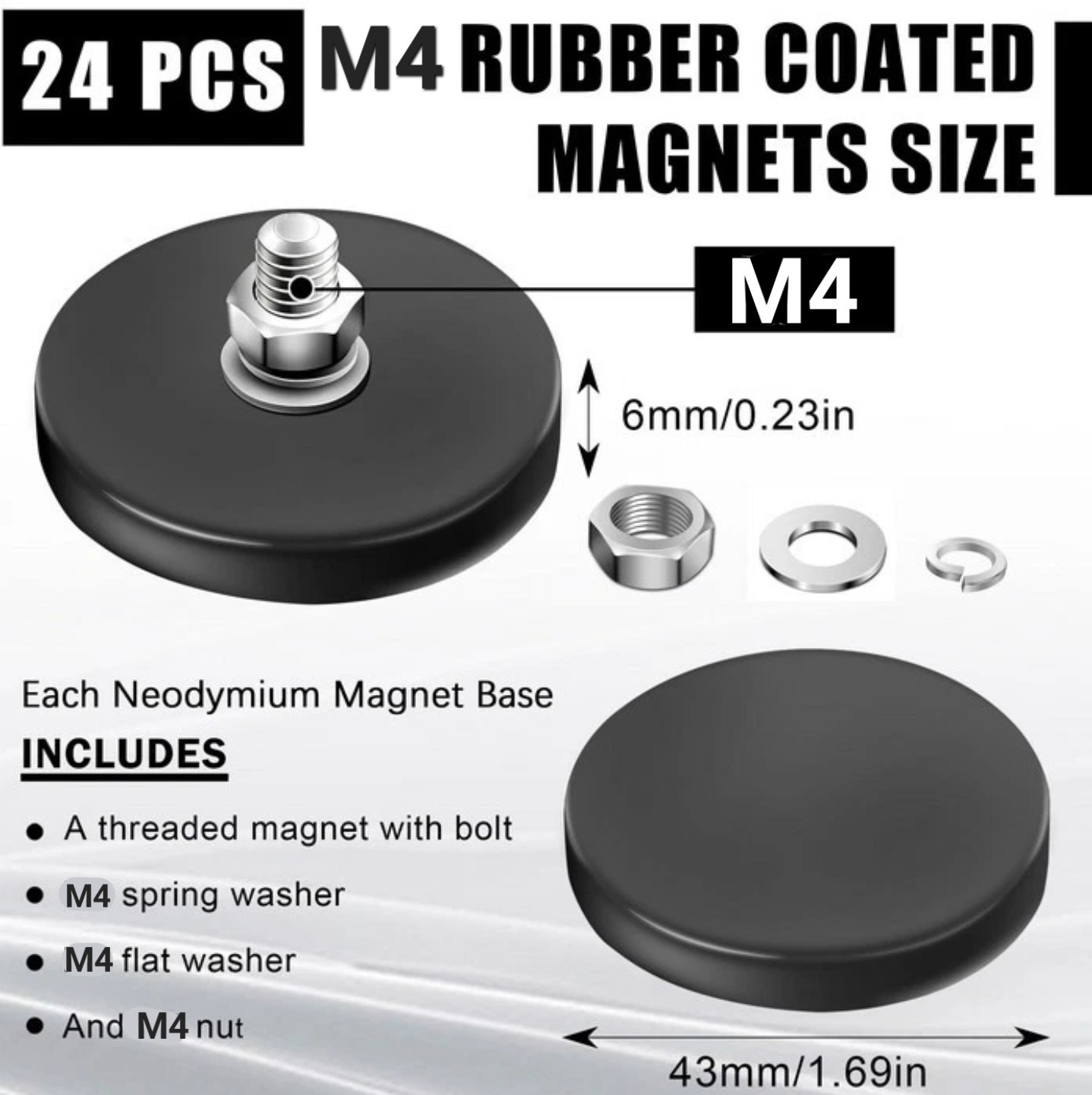 Rubber Coated 30lbs 1.69in Mounting Neodymium Magnets Base 43mm 4pcs M4