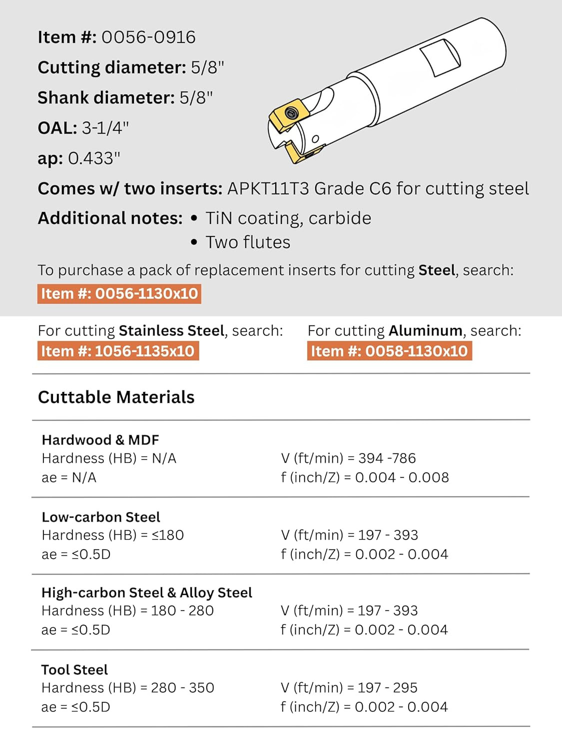 5/8 » Shank 90 Degree Square Shoulder Indexable End Mill +2pc APMT1135 Inserts
