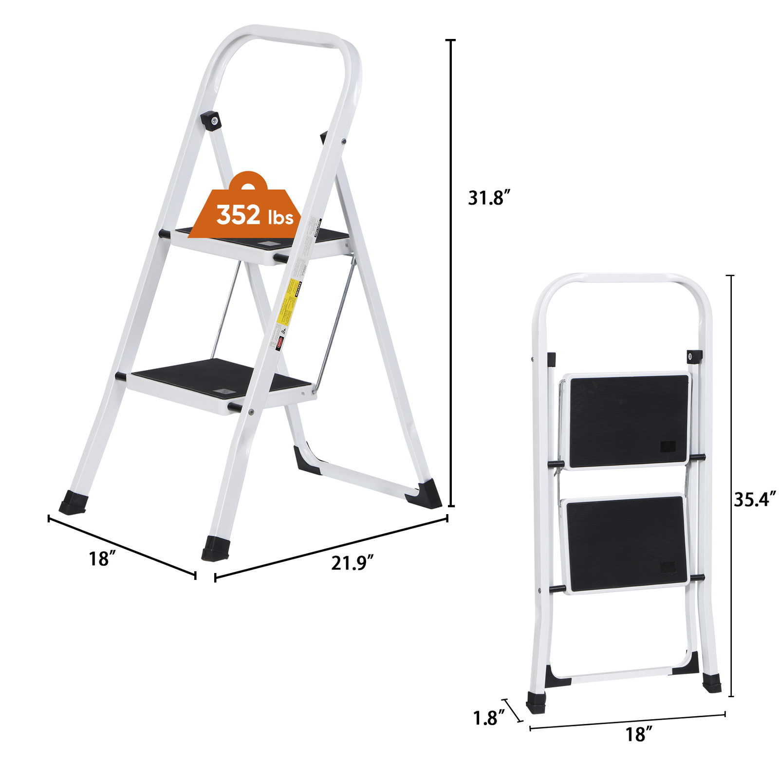 2 Step Ladder Folding Steel Step Stool Wide Anti-slip Pedal 350Lb Capacity White