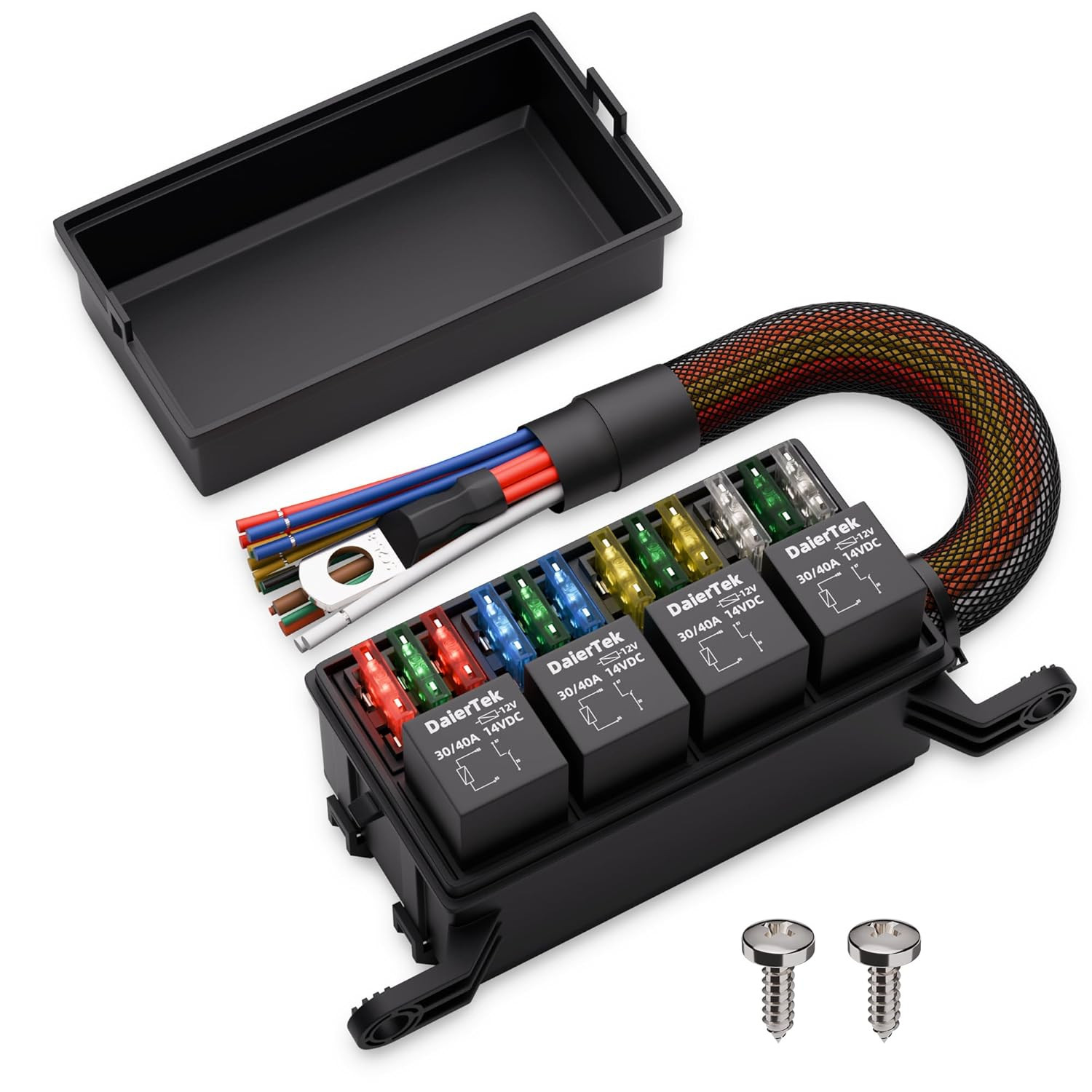 Waterproof 12V Fuse Relay Box 12 ATO/ATC Fuse and 4 Way Relay Block with Pre-Wir