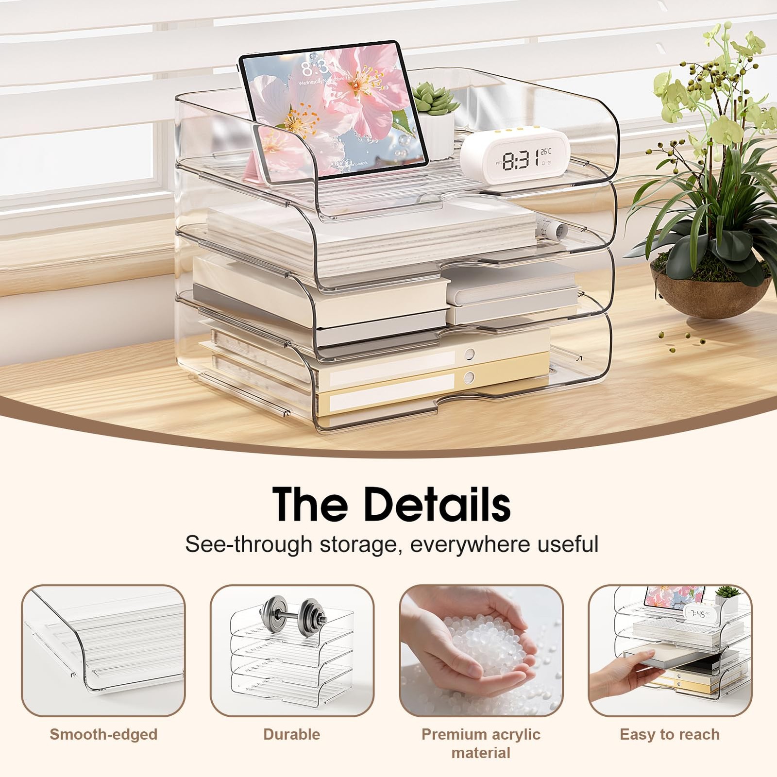 NUOGIC 4-Tier Large-Capacity Paper Organizer, 13 x 9.65 x 10.9 inches, Clear