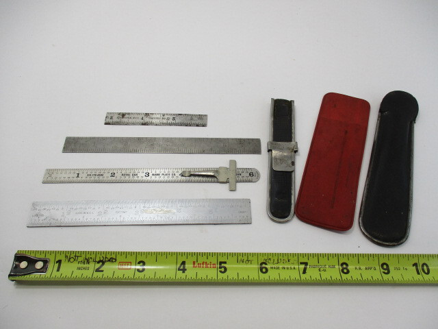 (3) 6″ Scales (1) 3″ Cut Down Ruler (3) Old Scale Sleeve Holders for Rulers VGC