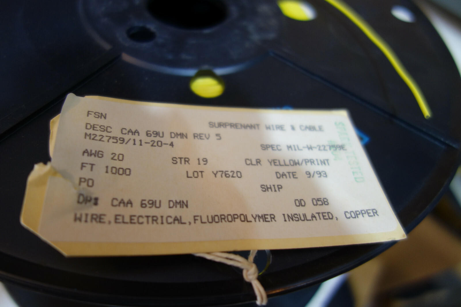 100 Ft 20 Awg Mil Spec M22759/11 Stranded Yellow 600V Silver Plated Teflon Wire