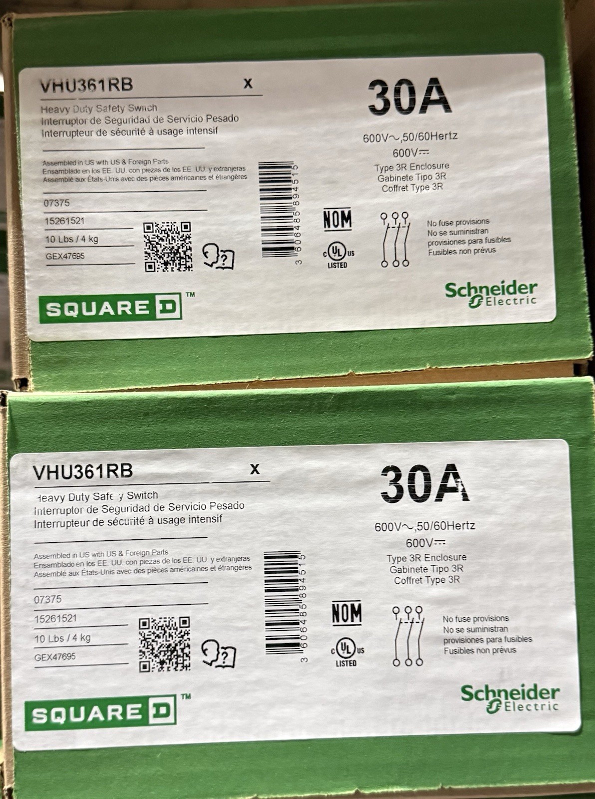 Square D VHU361RB VisiPact Heavy Duty Safety Switch 30A 3P 3PH 600V Type 3R