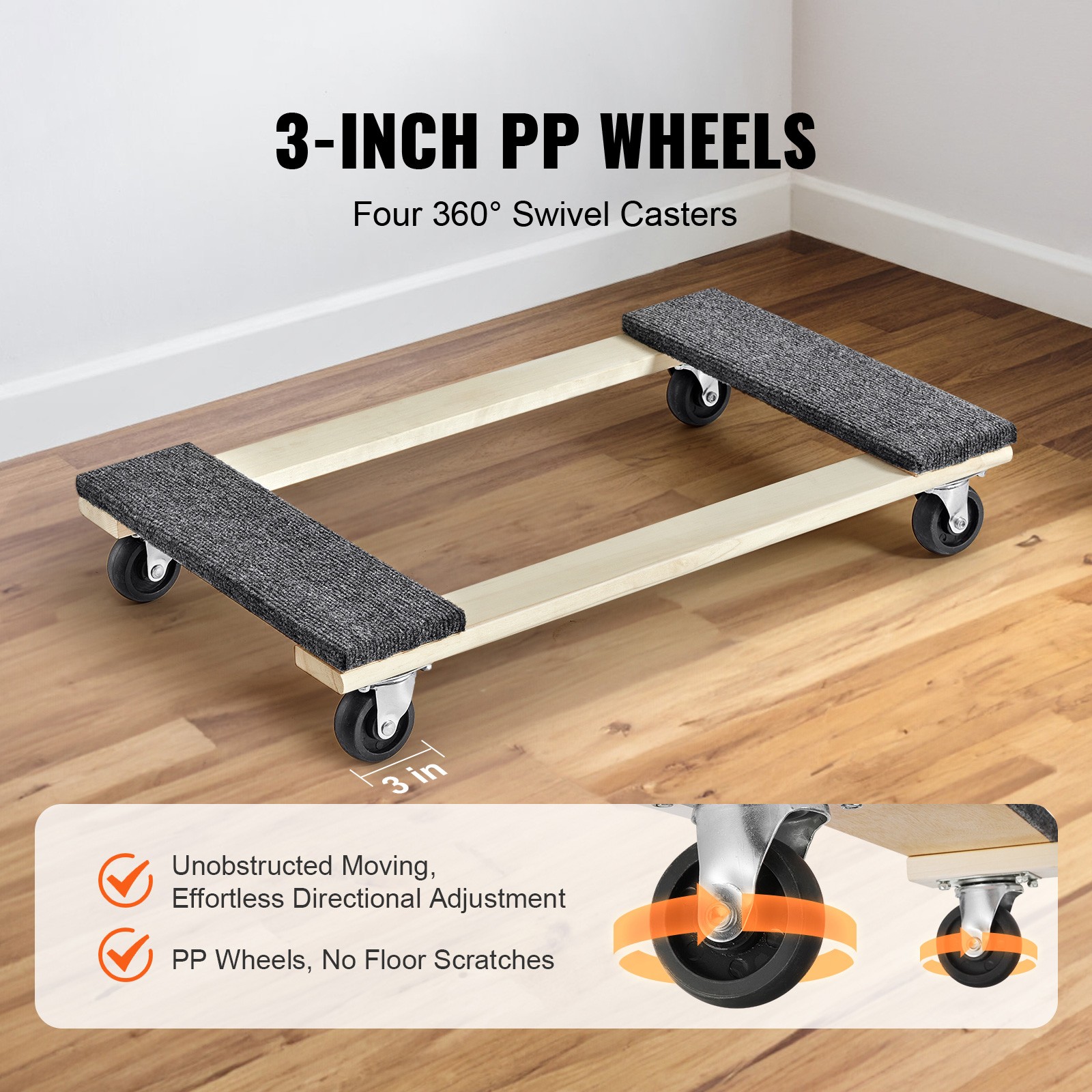 VEVOR Furniture Dolly Moving Dolly Caster 1000 lb Capacity 4 Rolling Wheels Wood