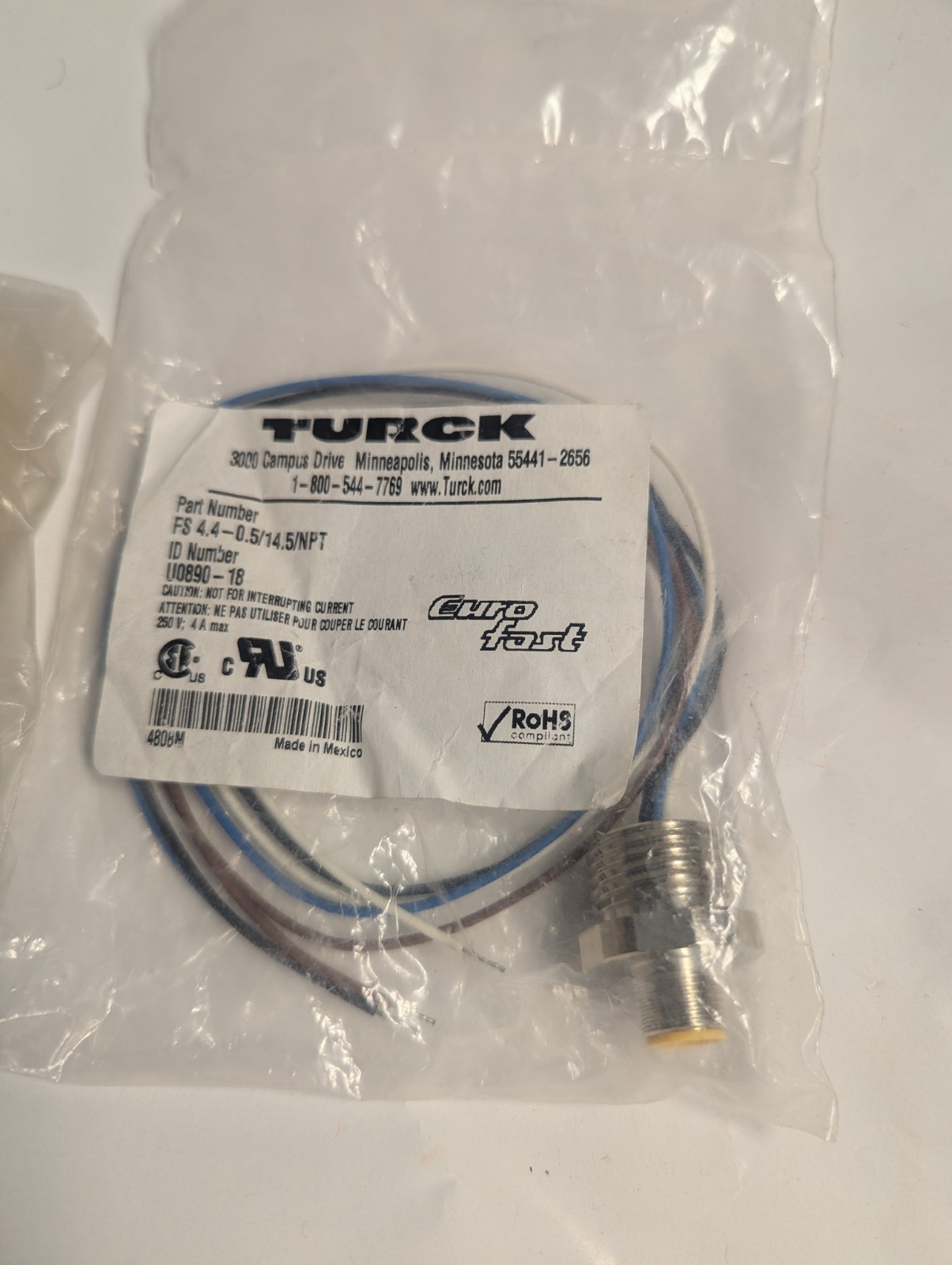 NEW LOT OF 2 GENUINE TURCK FS 4.4-0.5/14.5/NPT EURO FAST CONNECTOR U0890-18