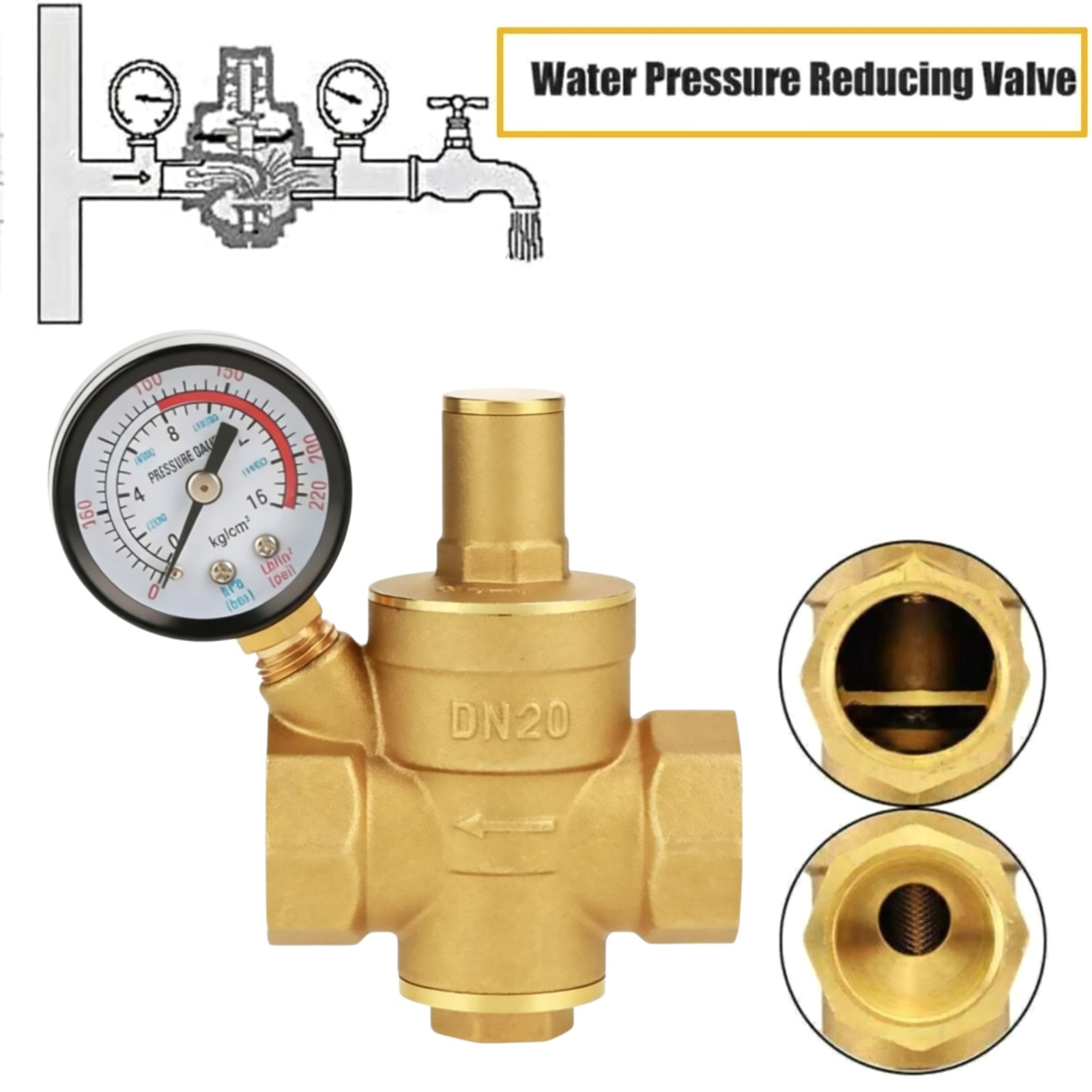 3/4″ Brass Home Water Pressure Governor Reducer For Shower System With Gauge