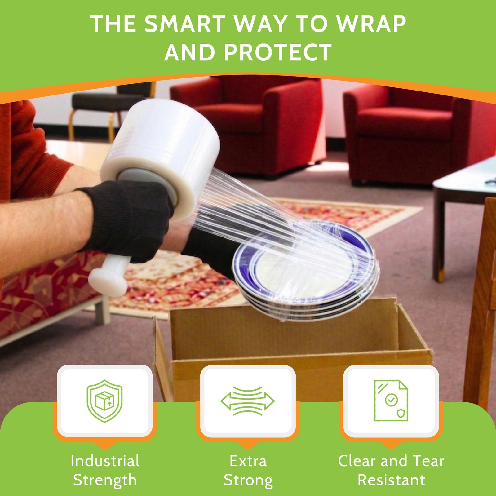 Mini Stretch Wrap Shrink Film, 12 Rolls, 5″x1000′, 50 Gauge, with Plastic Handle