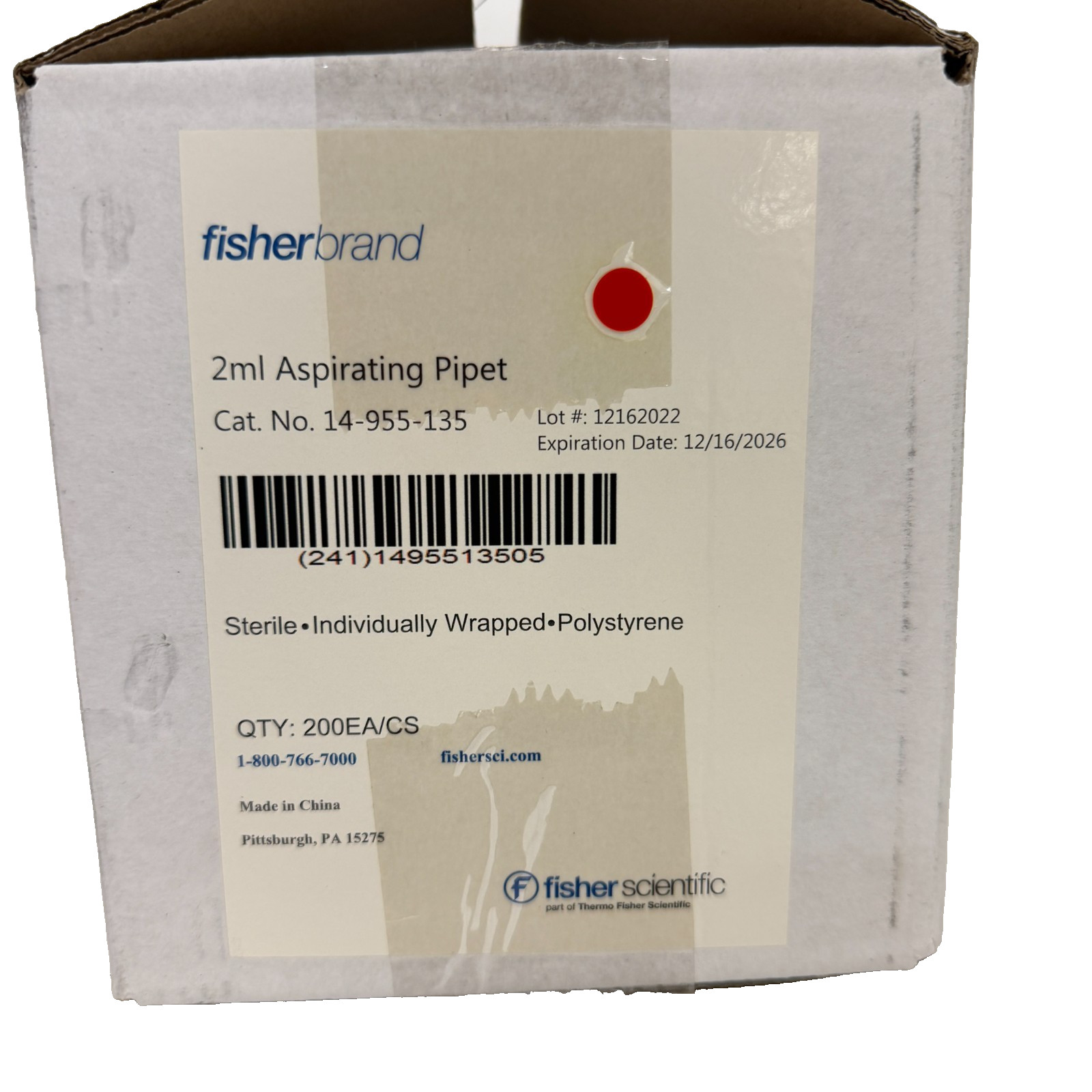 Fisherbrand 14-955-135 2mL Aspirating Pipettes Polystyrene Sterile 2026, 200 Pcs