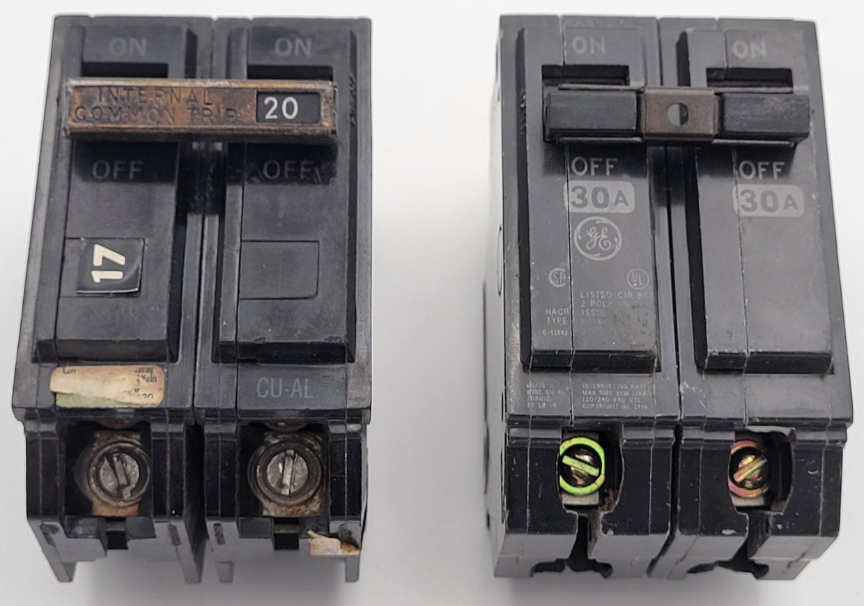 GE Mixed Lot of 2 Breakers THQB2120/THQB2130 20A & 30A 2P 120/240V Bolt-On USED