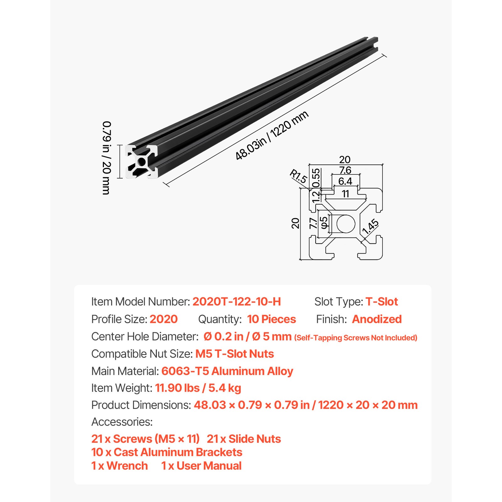 Uimoso 10PCS 2020 Aluminum Extrusion 48″ 1220 mm T-Slot Linear Rail in Black